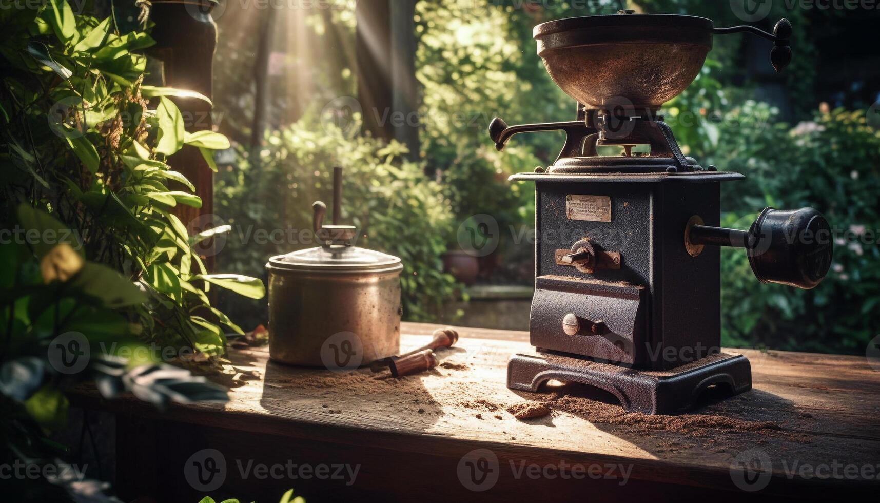 Rustic coffee grinder churns old fashioned bean for gourmet cappuccino preparation generated by AI photo