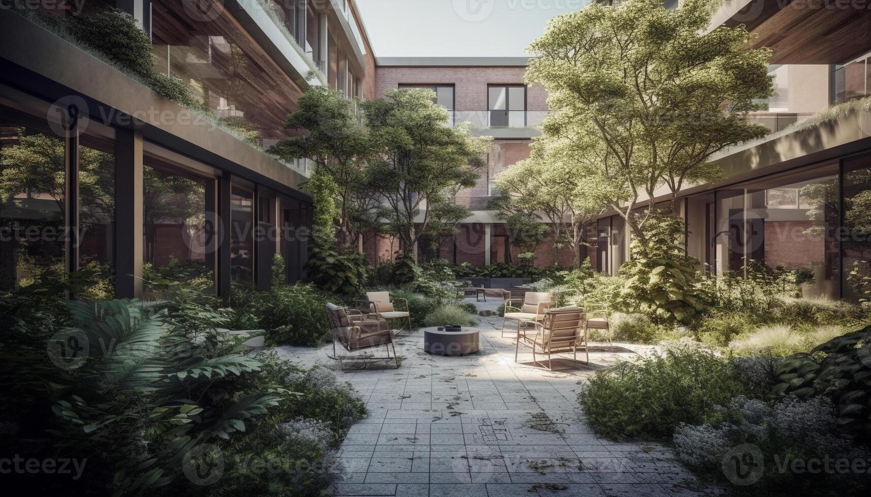 Modern architecture meets nature in elegant outdoor courtyard relaxation generated by AI photo