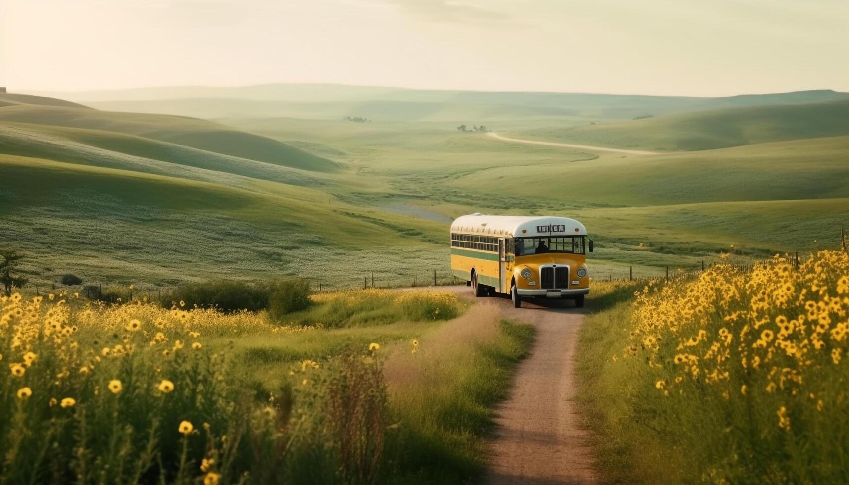 conducción mediante el rural paisaje, un amarillo autobús aventuras espera generado por ai foto