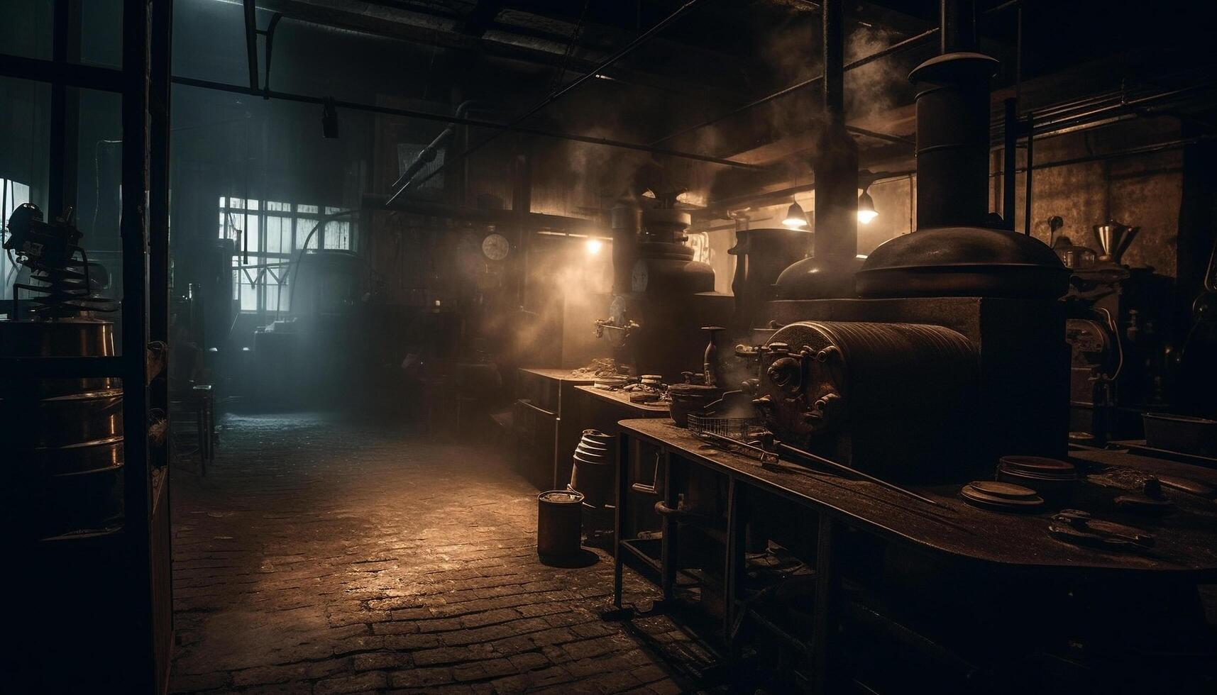 Inside the old factory workshop, men work with metal equipment generated by AI photo