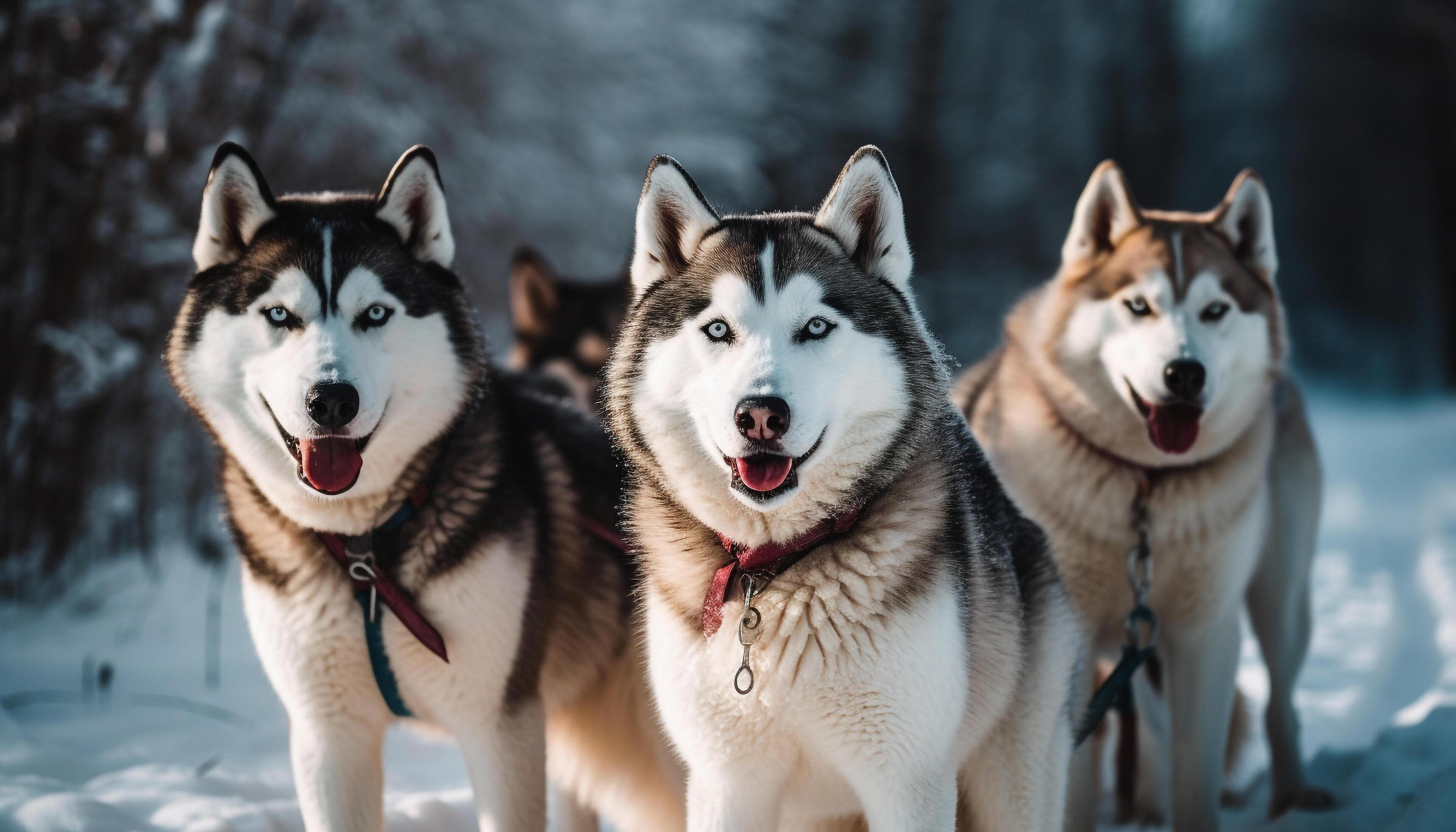 Purebred malamute leads sled dog team through snowy arctic forest