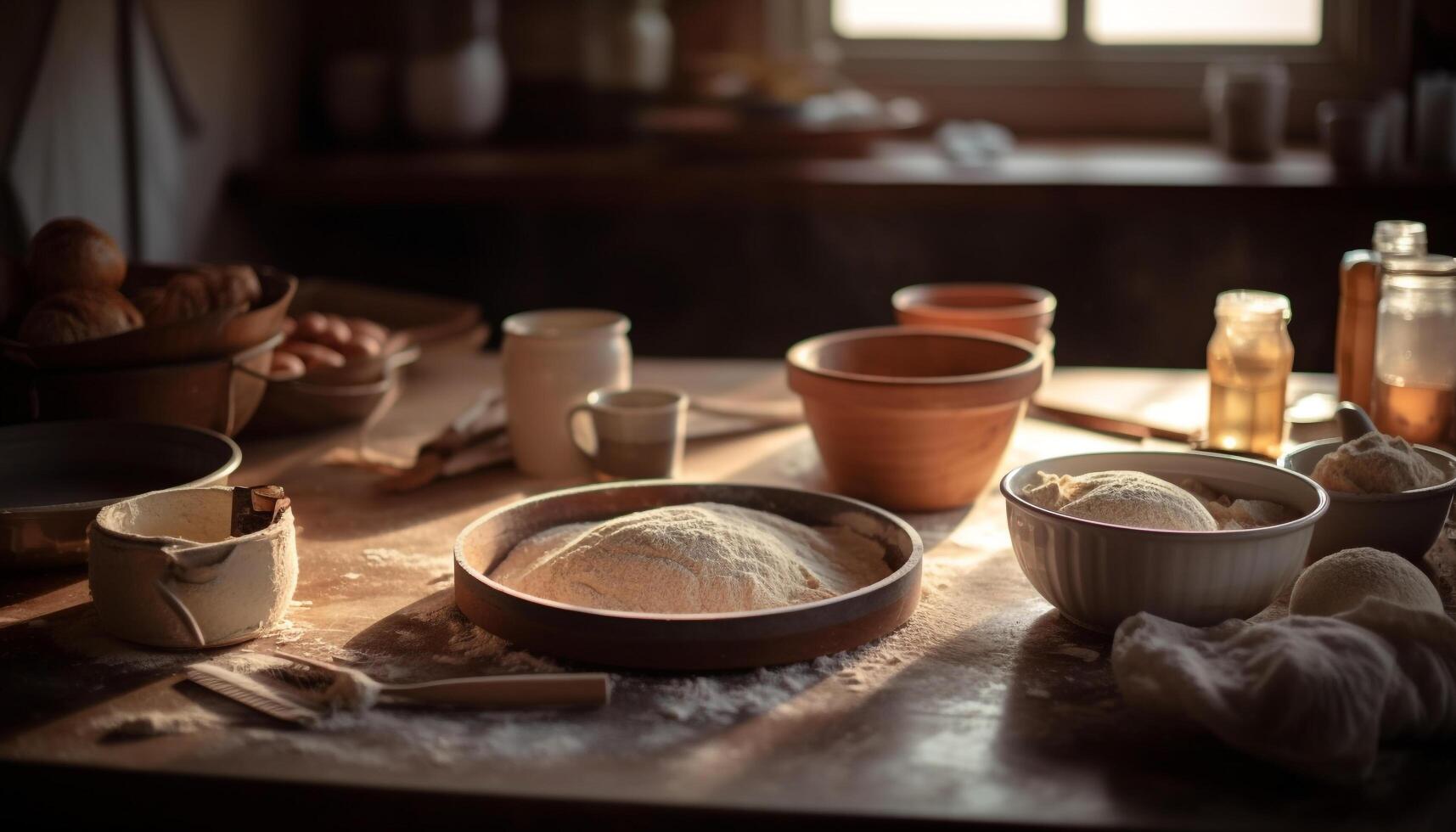 Freshly baked bread on rustic wooden table, homemade with love generated by AI photo