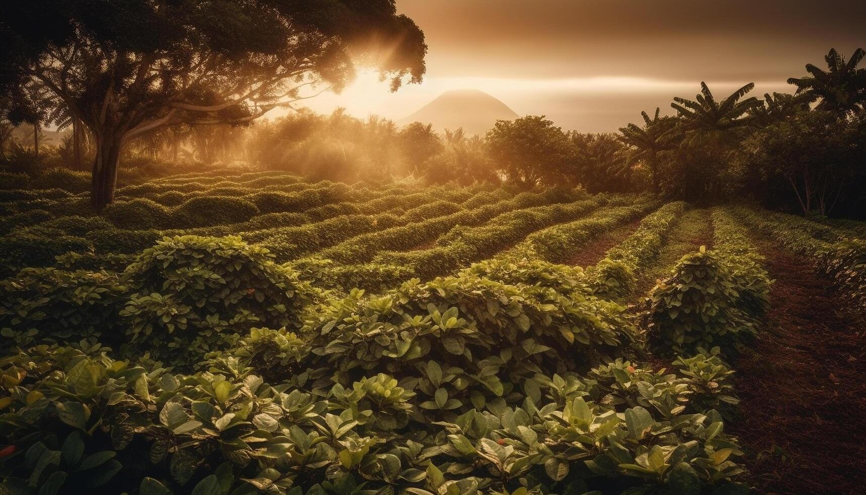 Agricultural tea crop grows in idyllic non urban landscape at dawn generated by AI photo