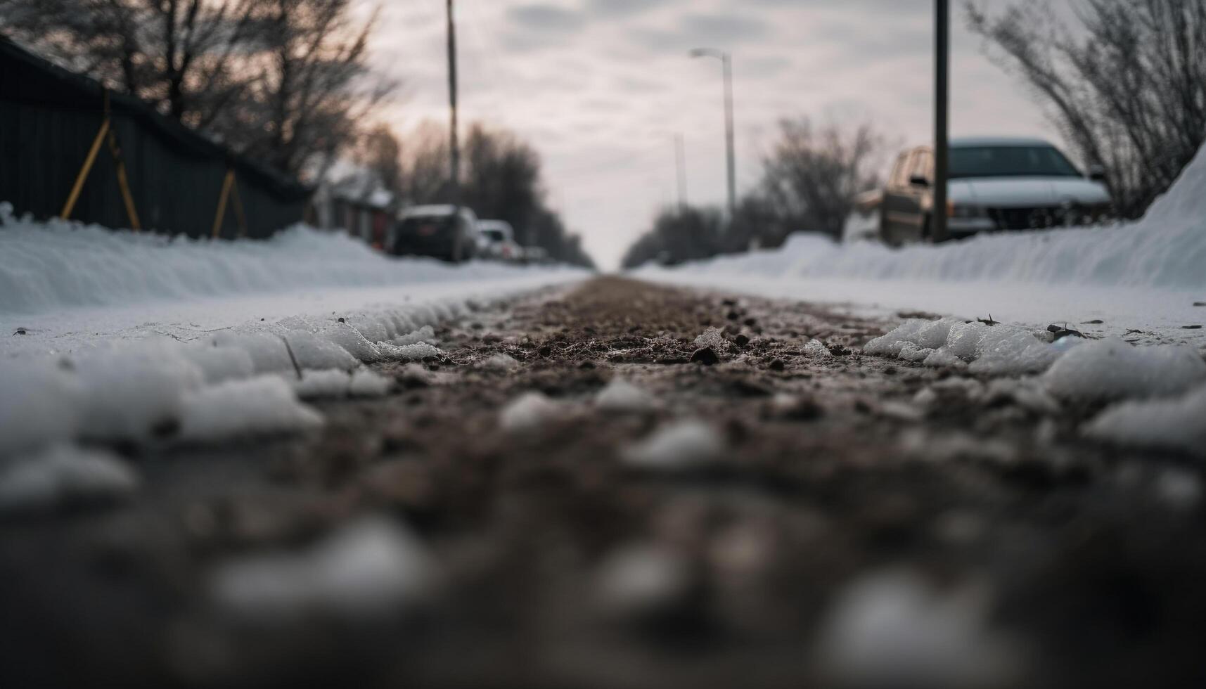 Slippery road, dangerous driving in winter blizzard on city street generated by AI photo