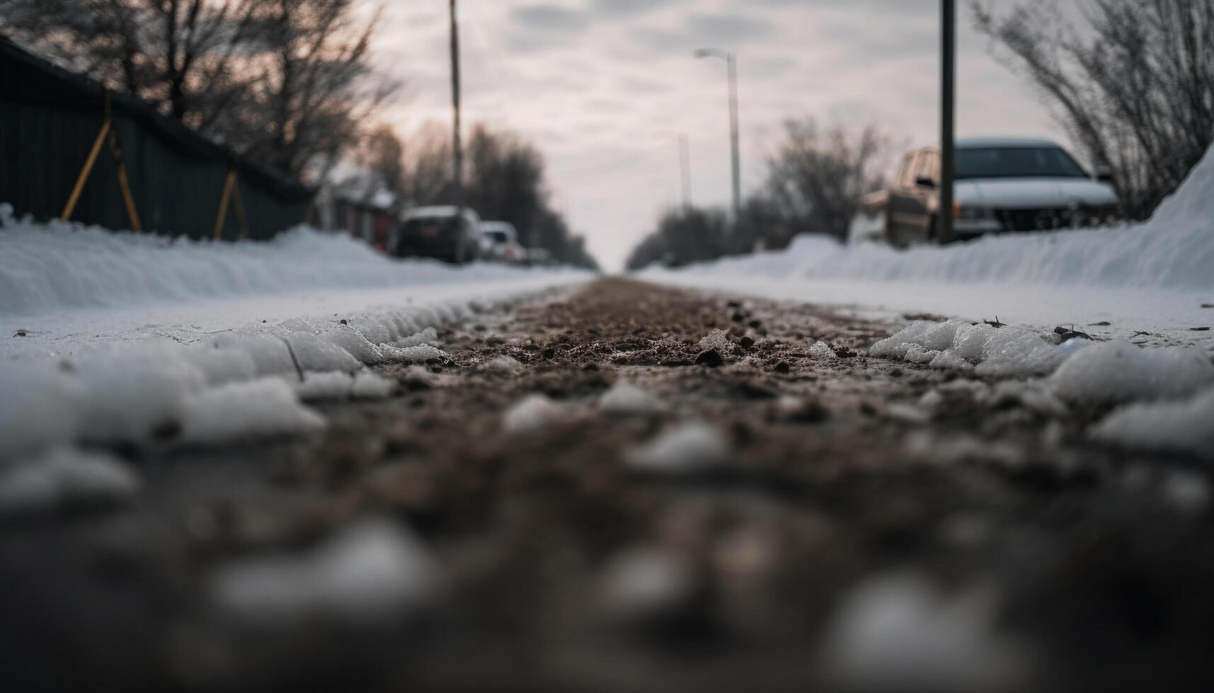 resbaladizo camino, peligroso conducción en invierno tormenta de nieve en ciudad calle generado por ai foto