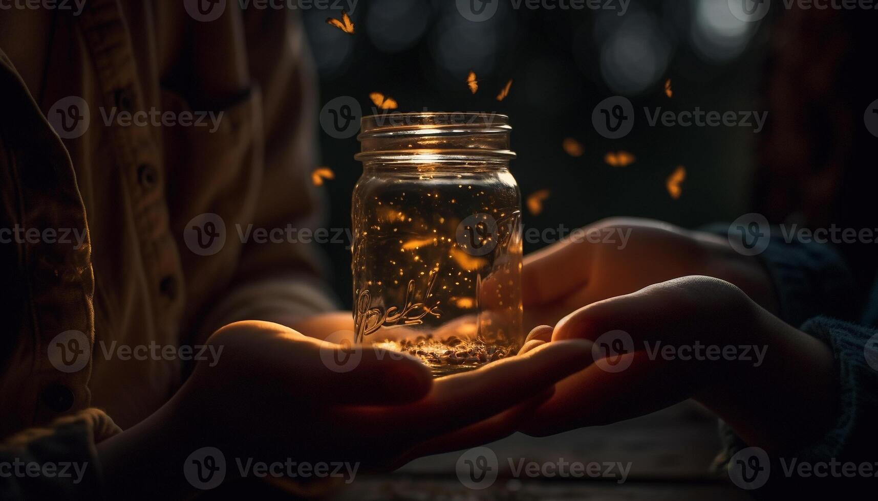 Unrecognizable person holds glowing drink, celebrating autumn fiery happiness generated by AI photo