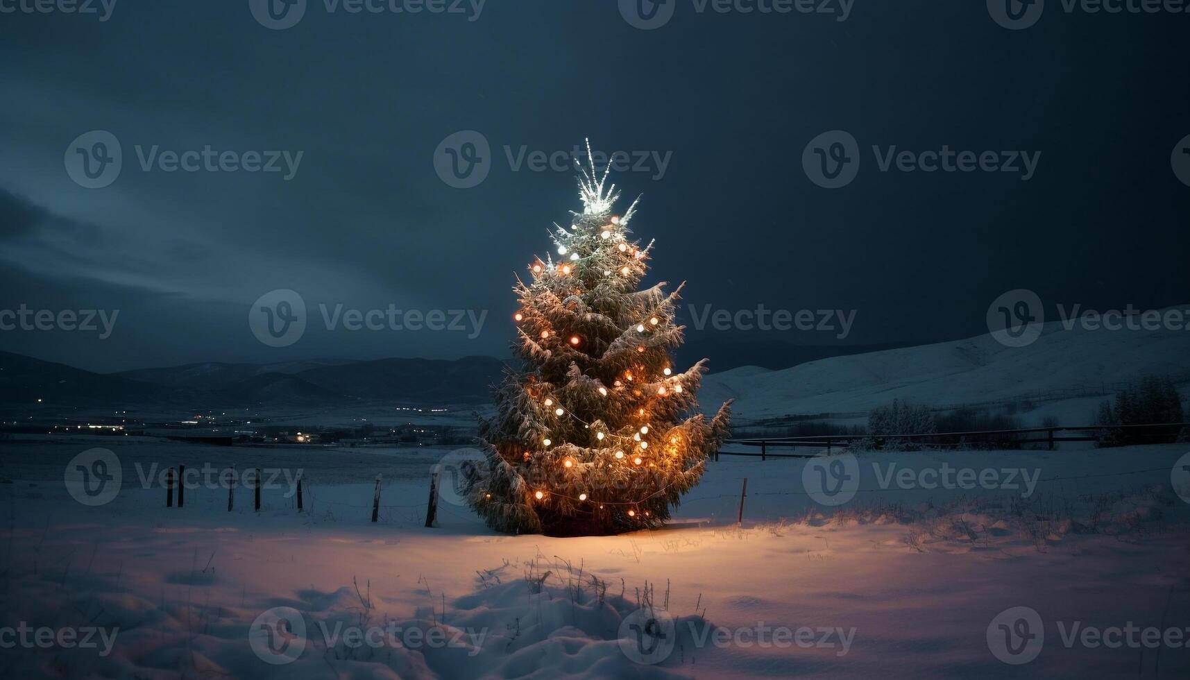 Illuminated Christmas tree glows in dark winter landscape, serene atmosphere generated by AI photo