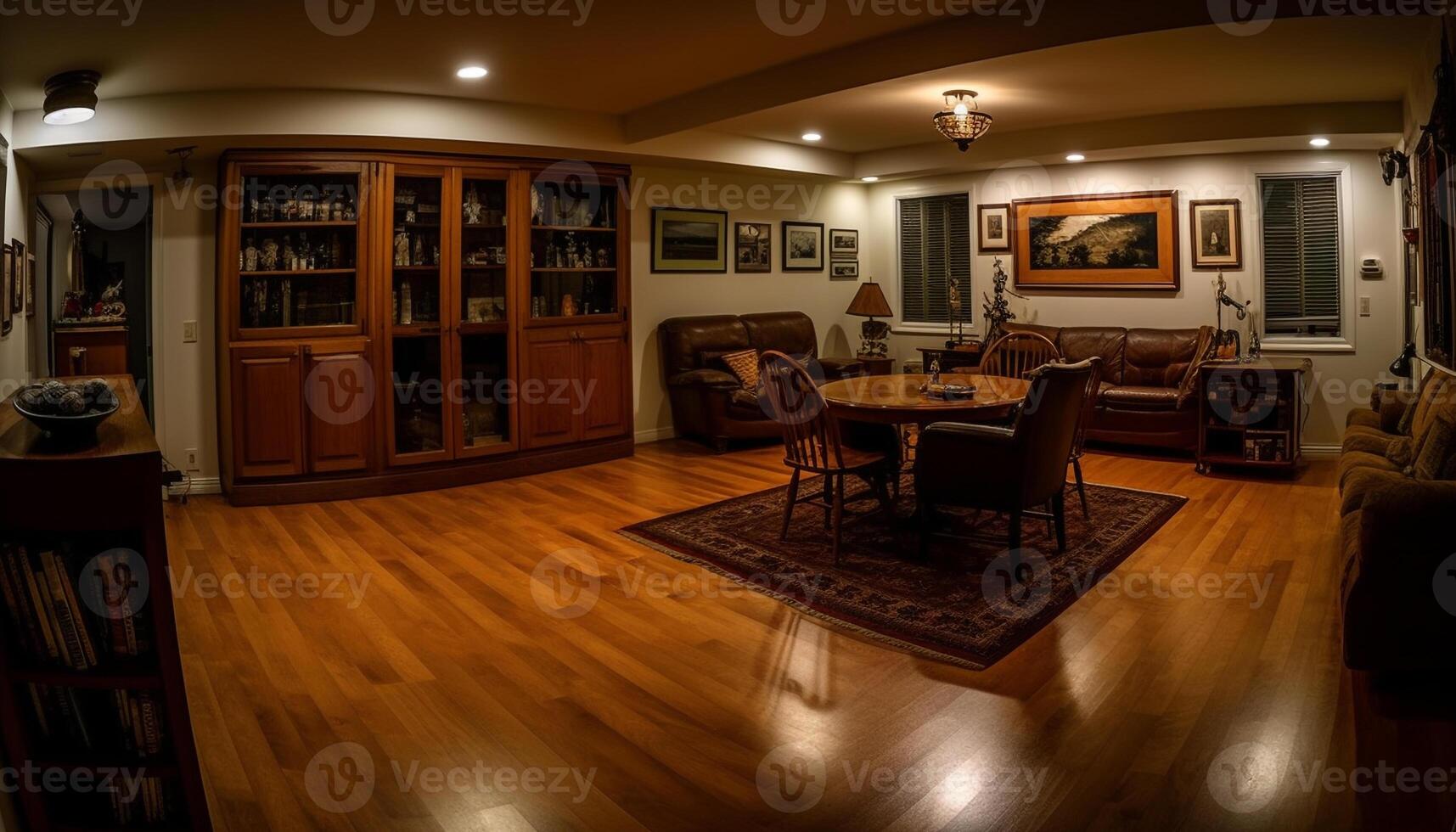 un lujoso, moderno biblioteca con madera dura piso y elegante diseño generado por ai foto