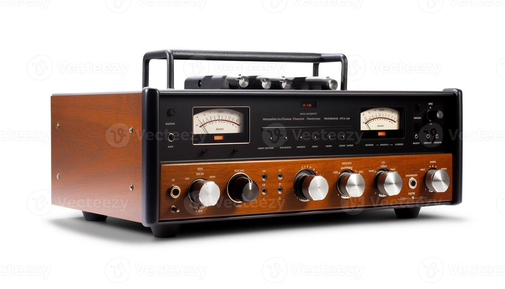 Antique tuner knob controls frequency on old fashioned broadcasting equipment generated by AI photo