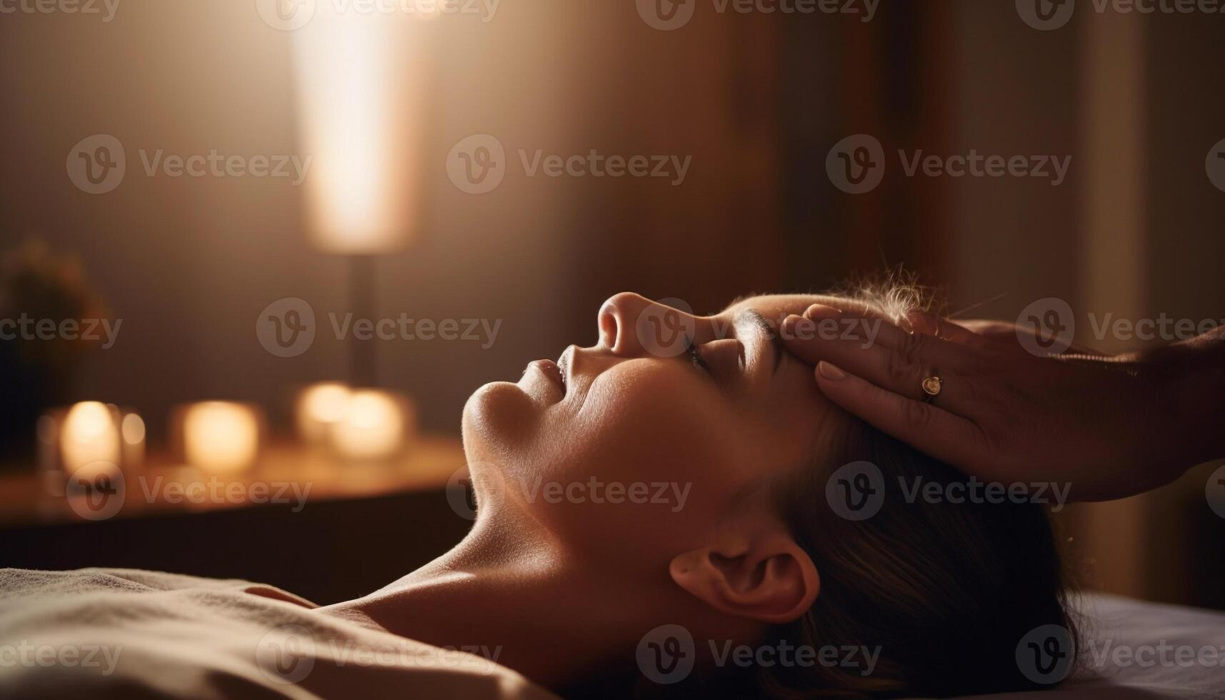 A serene woman enjoys a body care pampering at health spa generated by AI photo
