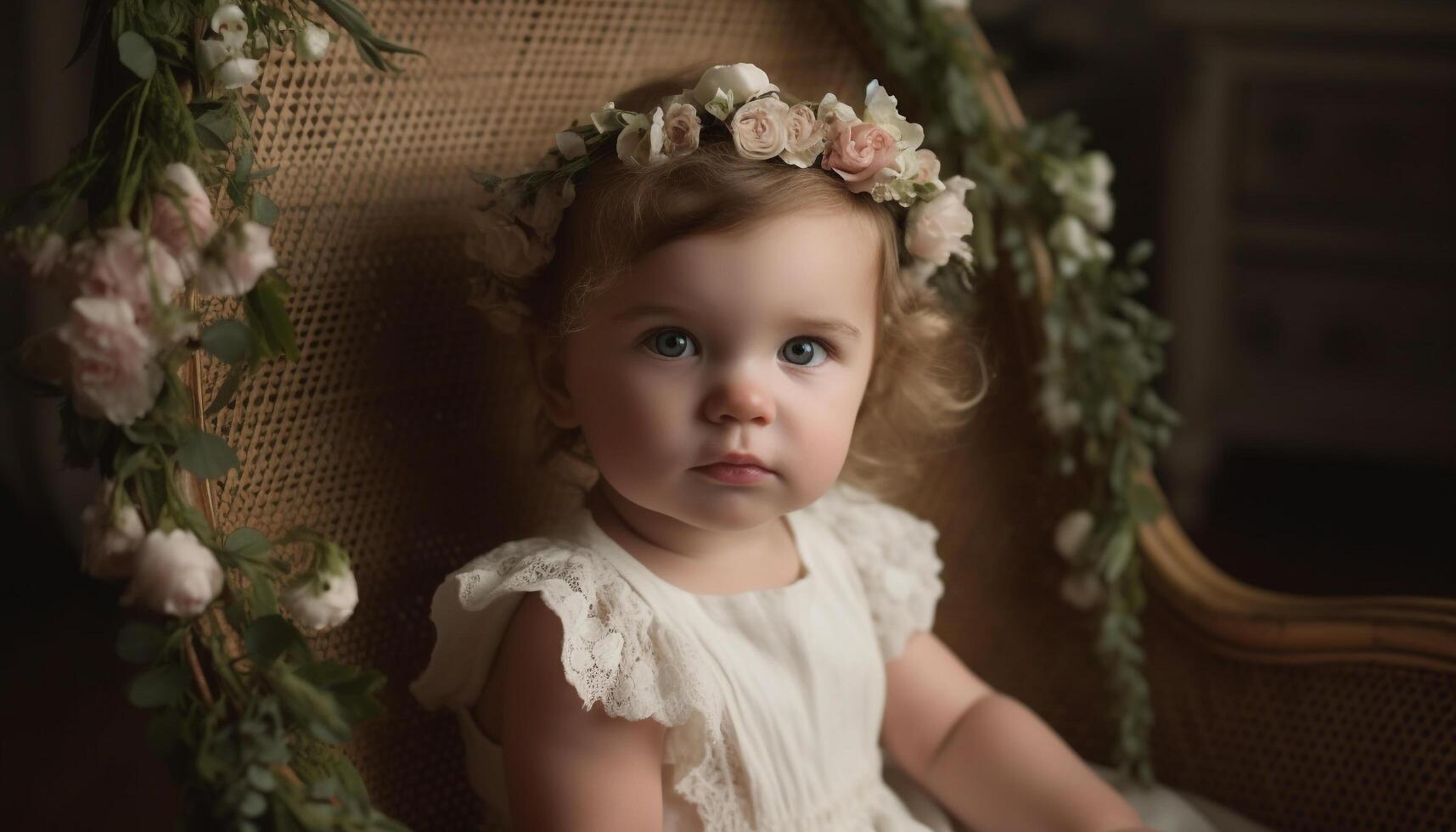 A cute toddler sitting outdoors holding a wreath, full of joy generated by AI photo