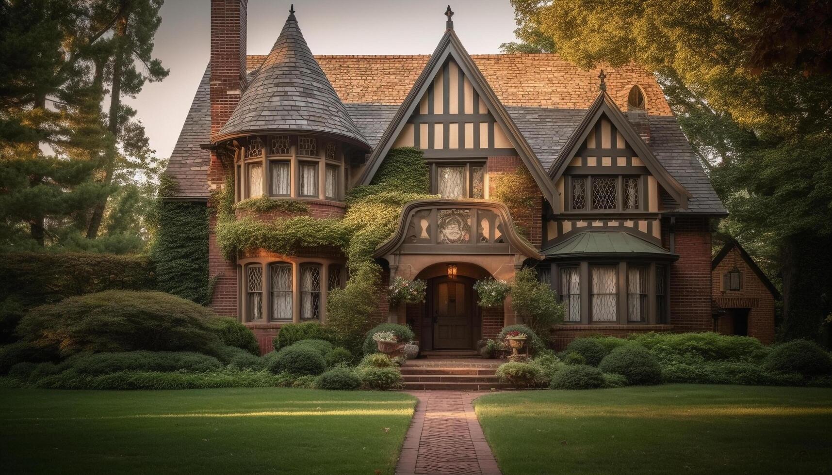 Old cottage with half timbered design, surrounded by lush nature generated by AI photo