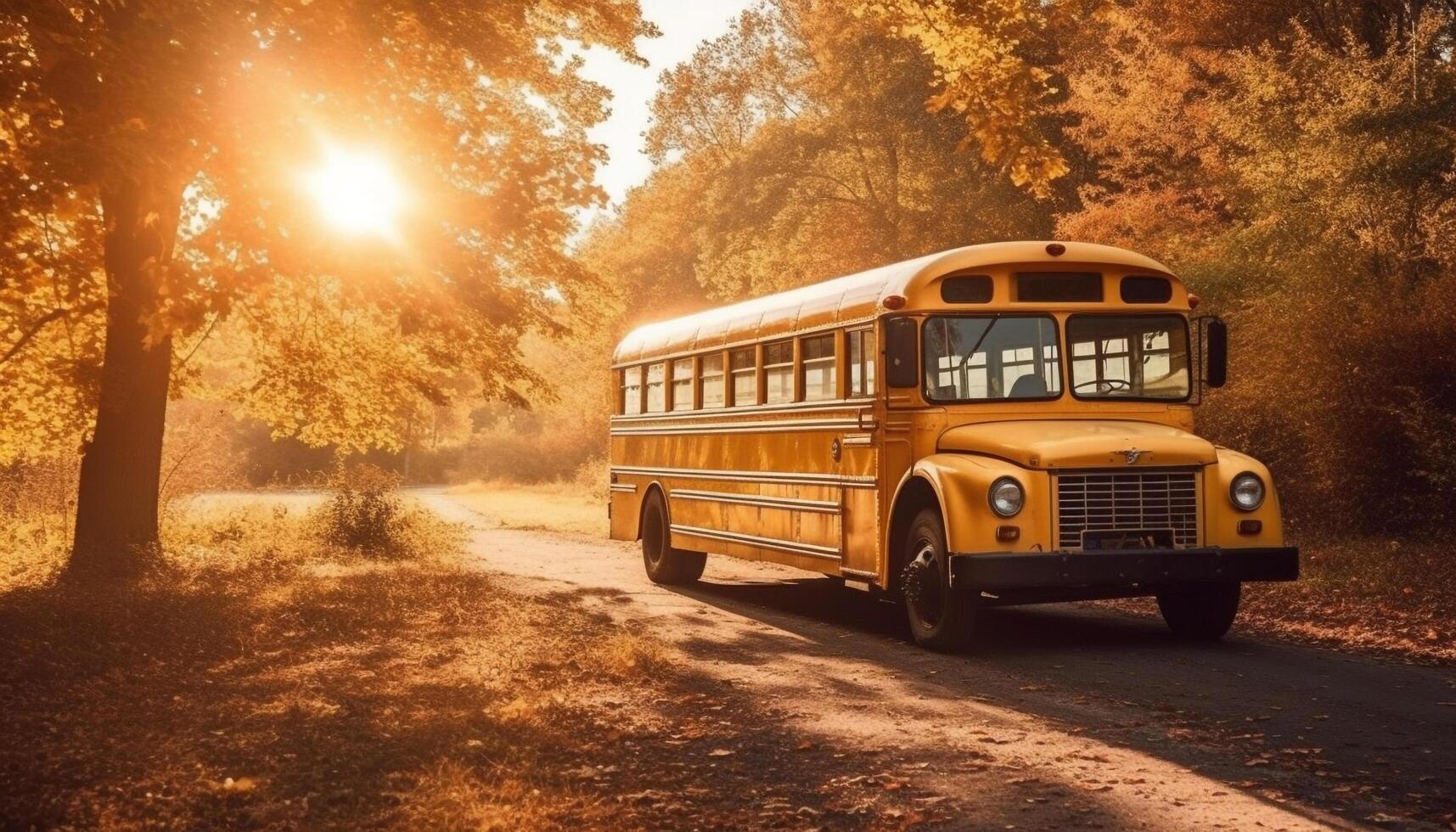 A yellow school bus drives through a rural autumn landscape generated by AI photo