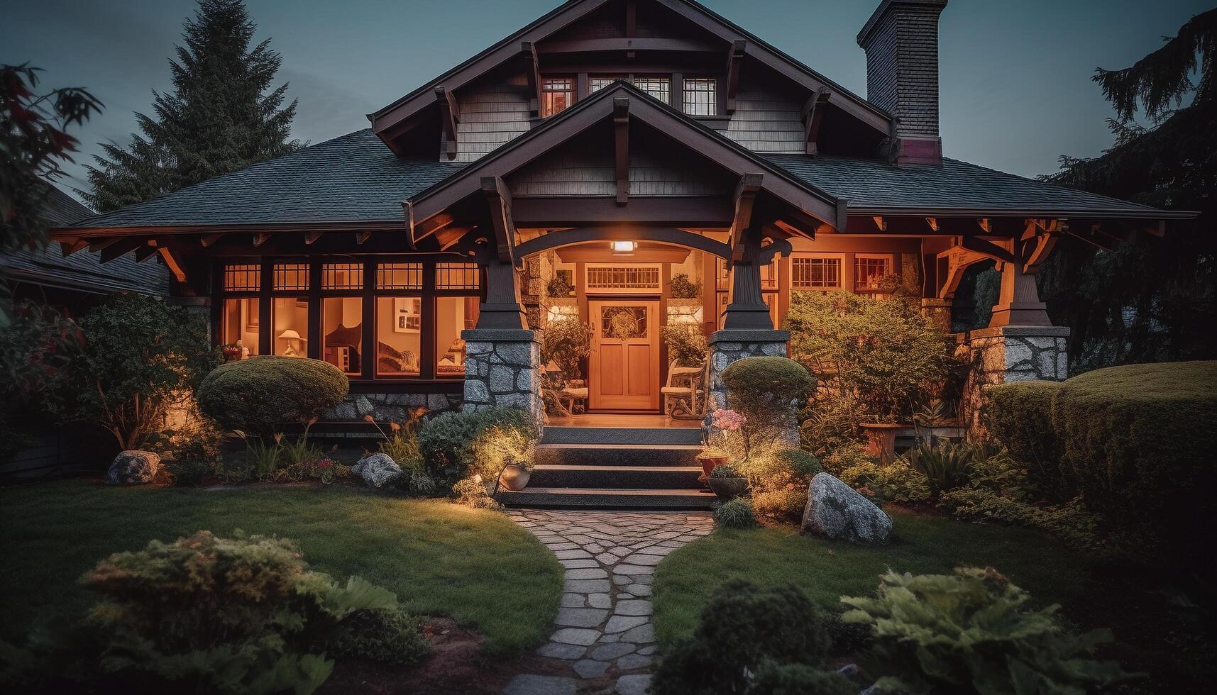 The luxury cottage modern design illuminates the comfortable summer dusk generated by AI photo