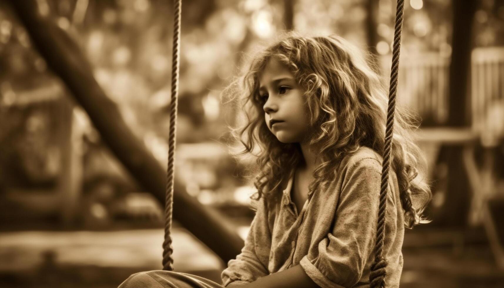 Cute girl swinging on rope, enjoying carefree childhood outdoors generated by AI photo