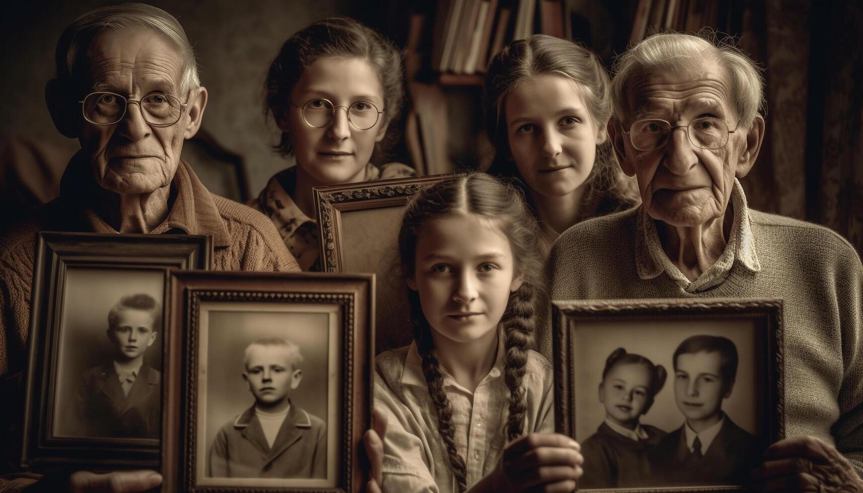 Multi generation family smiles for sepia toned portrait, surrounded by books generated by AI photo