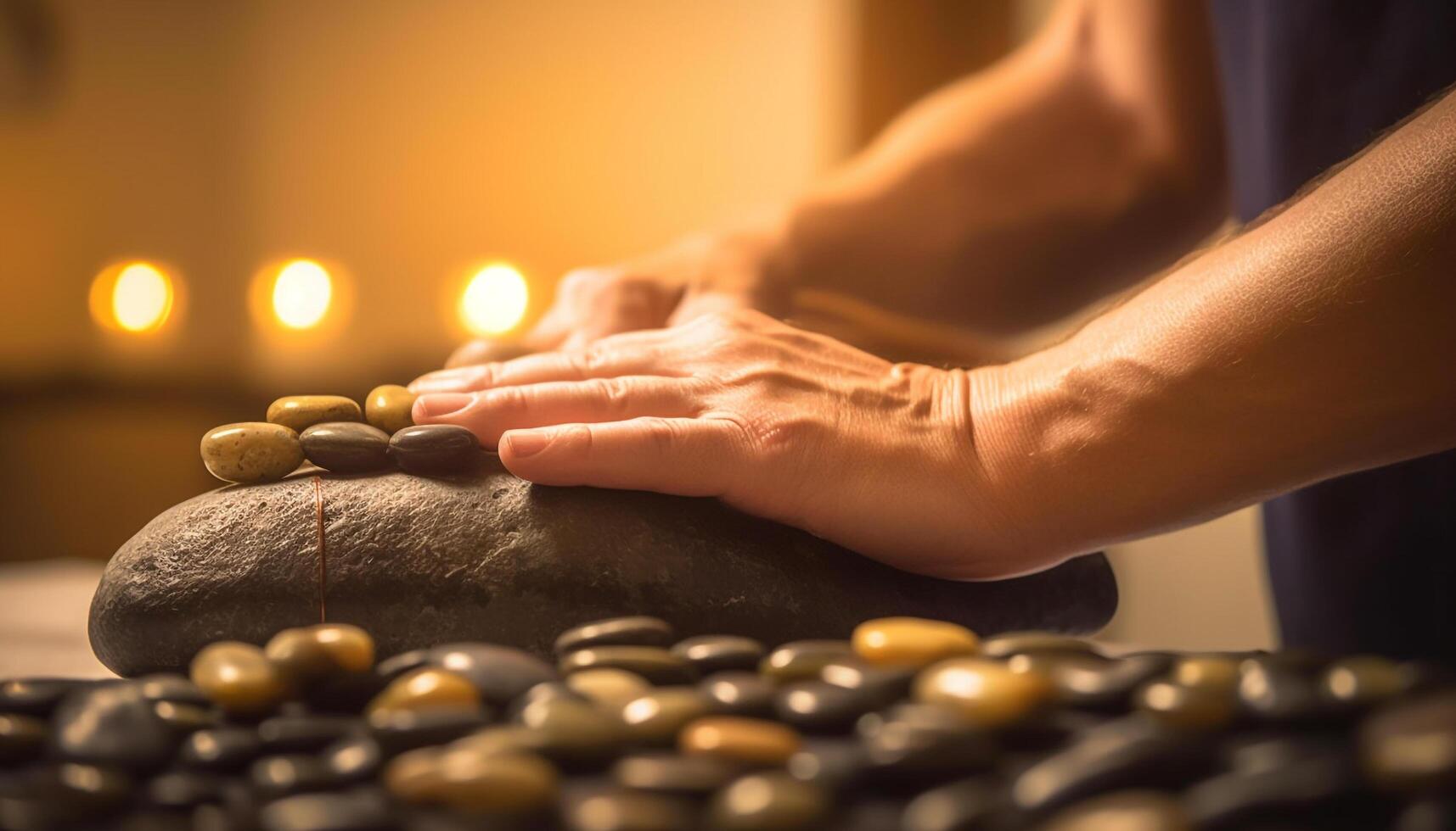 Unrecognizable person enjoys alternative therapy, massaging hand with stone and pill generated by AI photo