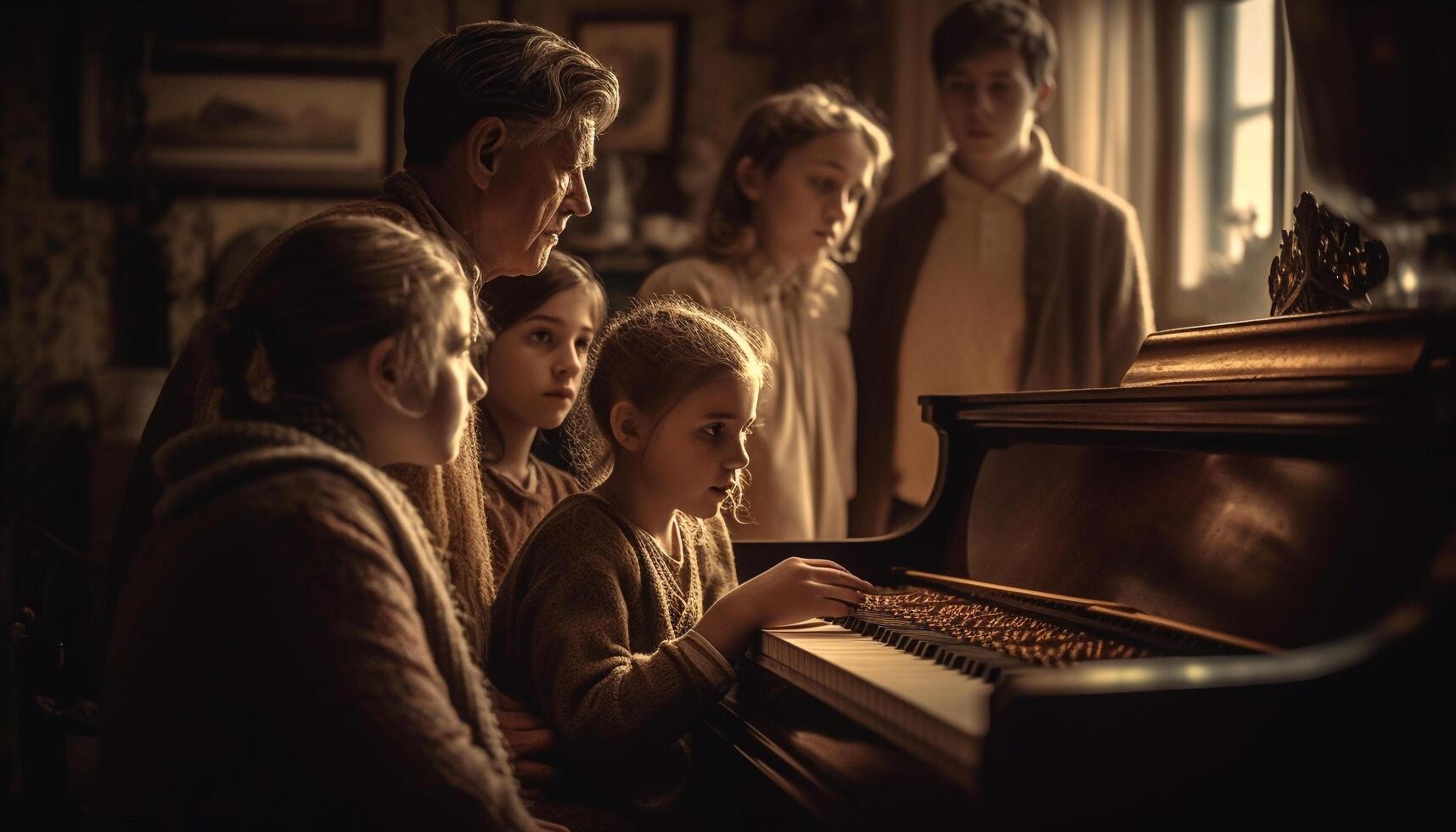 Family bonding through musical education, playing piano with concentration generated by AI photo