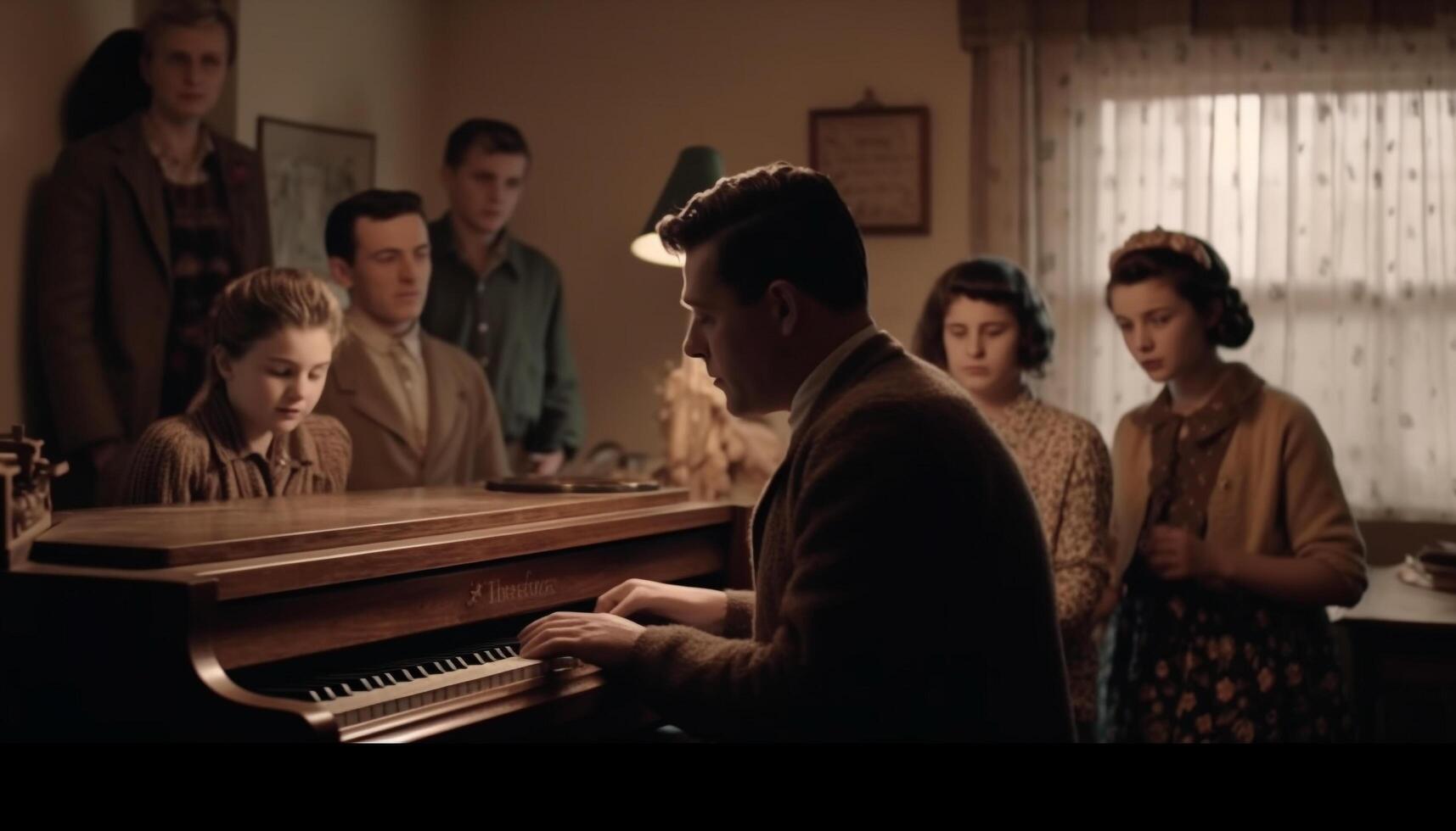 un grupo de músicos aprendizaje y practicando piano juntos adentro generado por ai foto