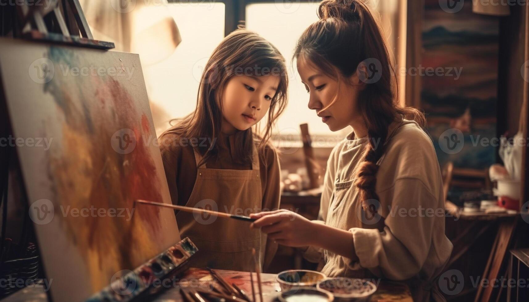 Two females, one Caucasian and one Asian, smiling while painting generated by AI photo