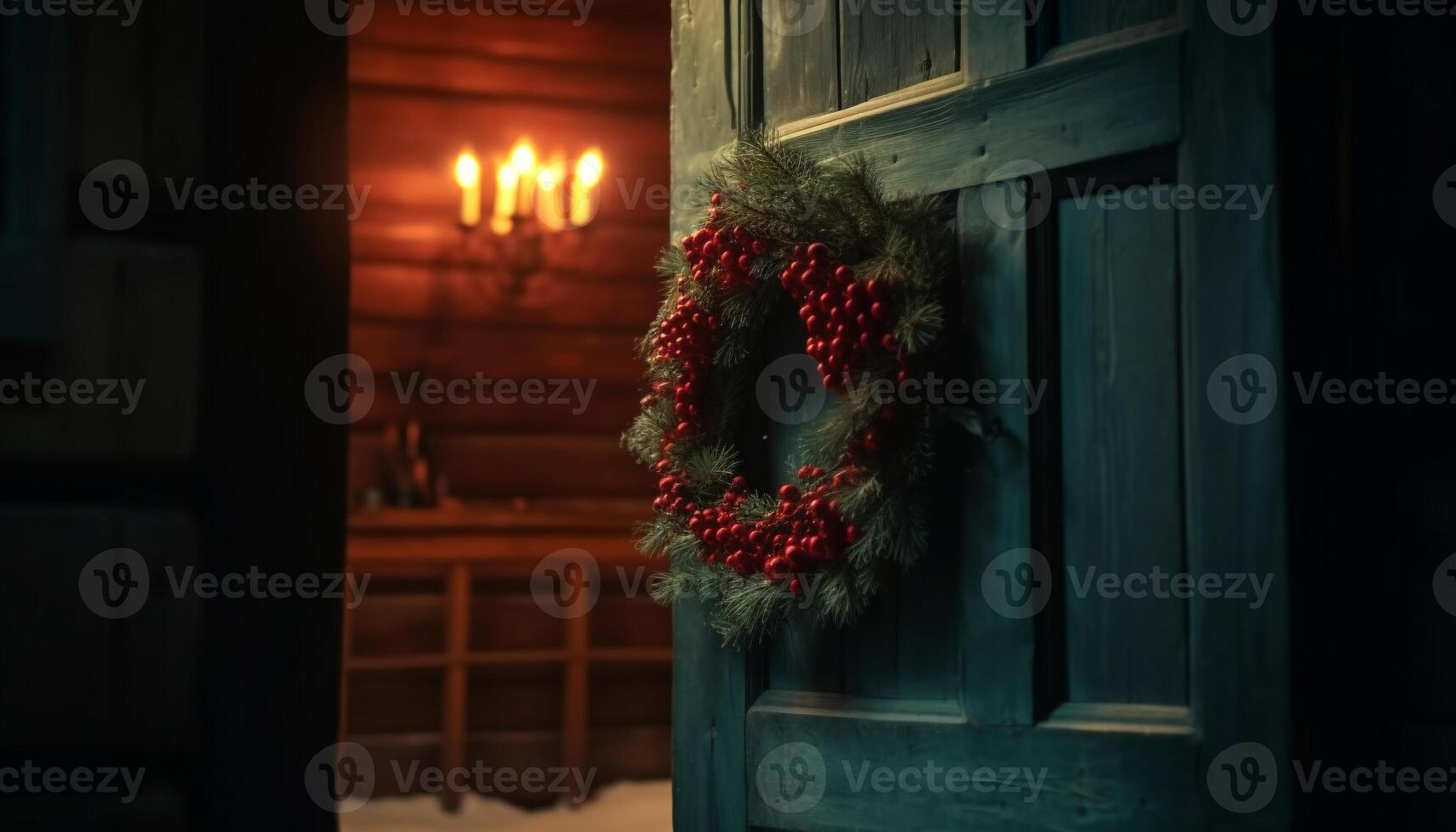 Rustic Christmas cottage adorned with ornate wreath and glowing candlelight generated by AI photo