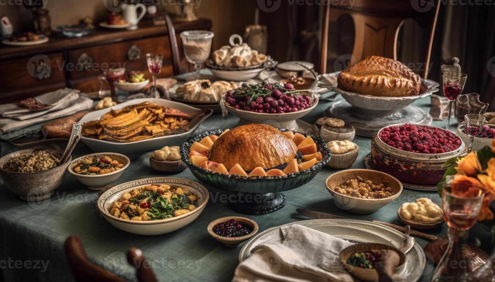 A rustic homemade meal on a wooden table with abundance generated by AI photo