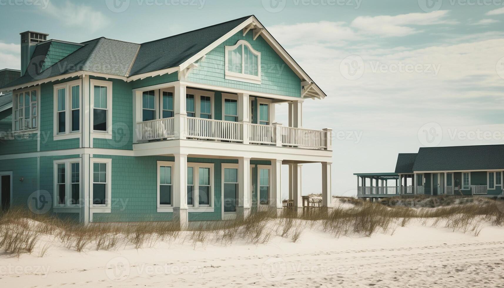 A modern apartment building with blue windows on the coastline generated by AI photo