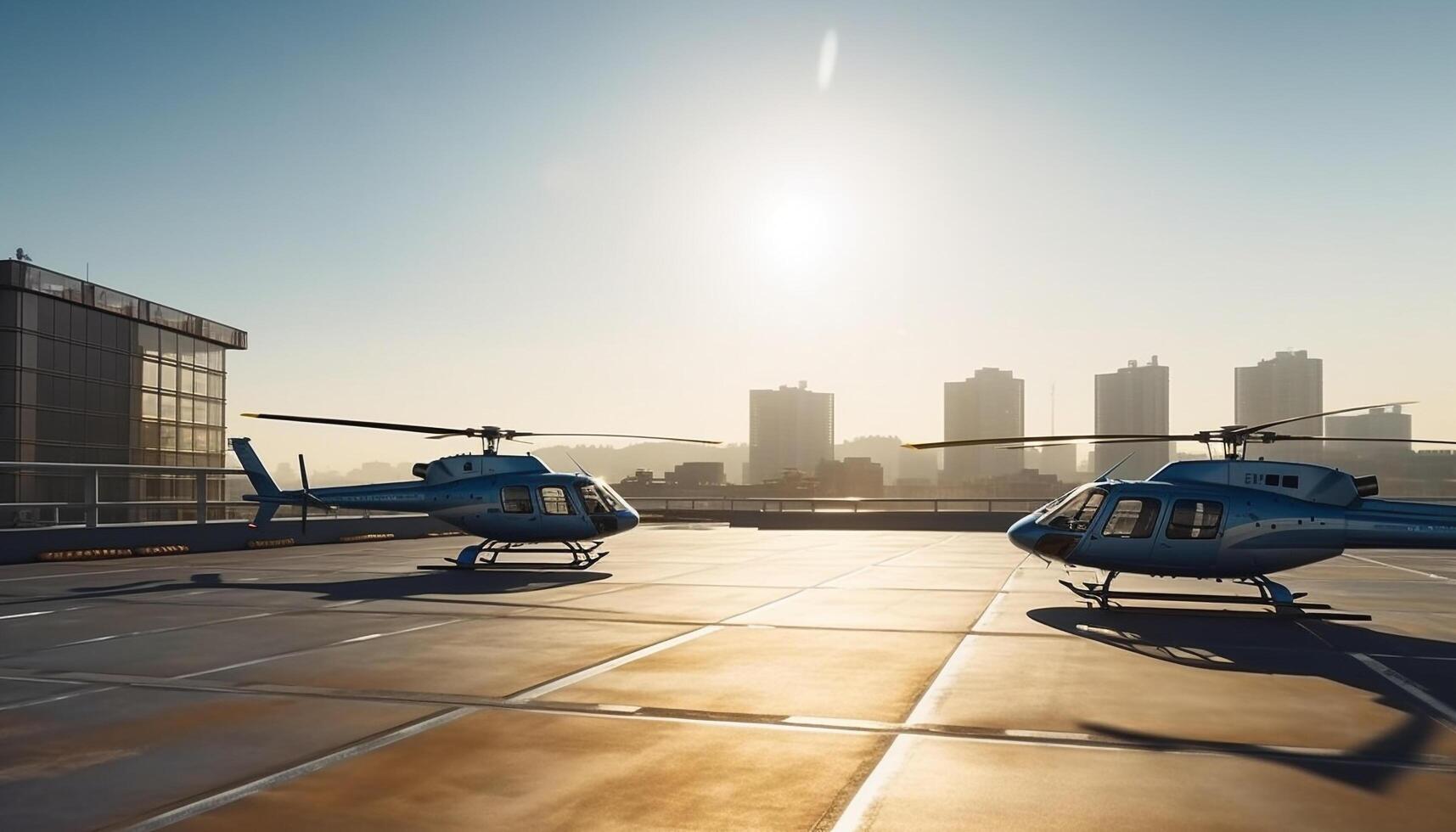 A modern helicopter hovering mid air, taking off for rescue generated by AI photo