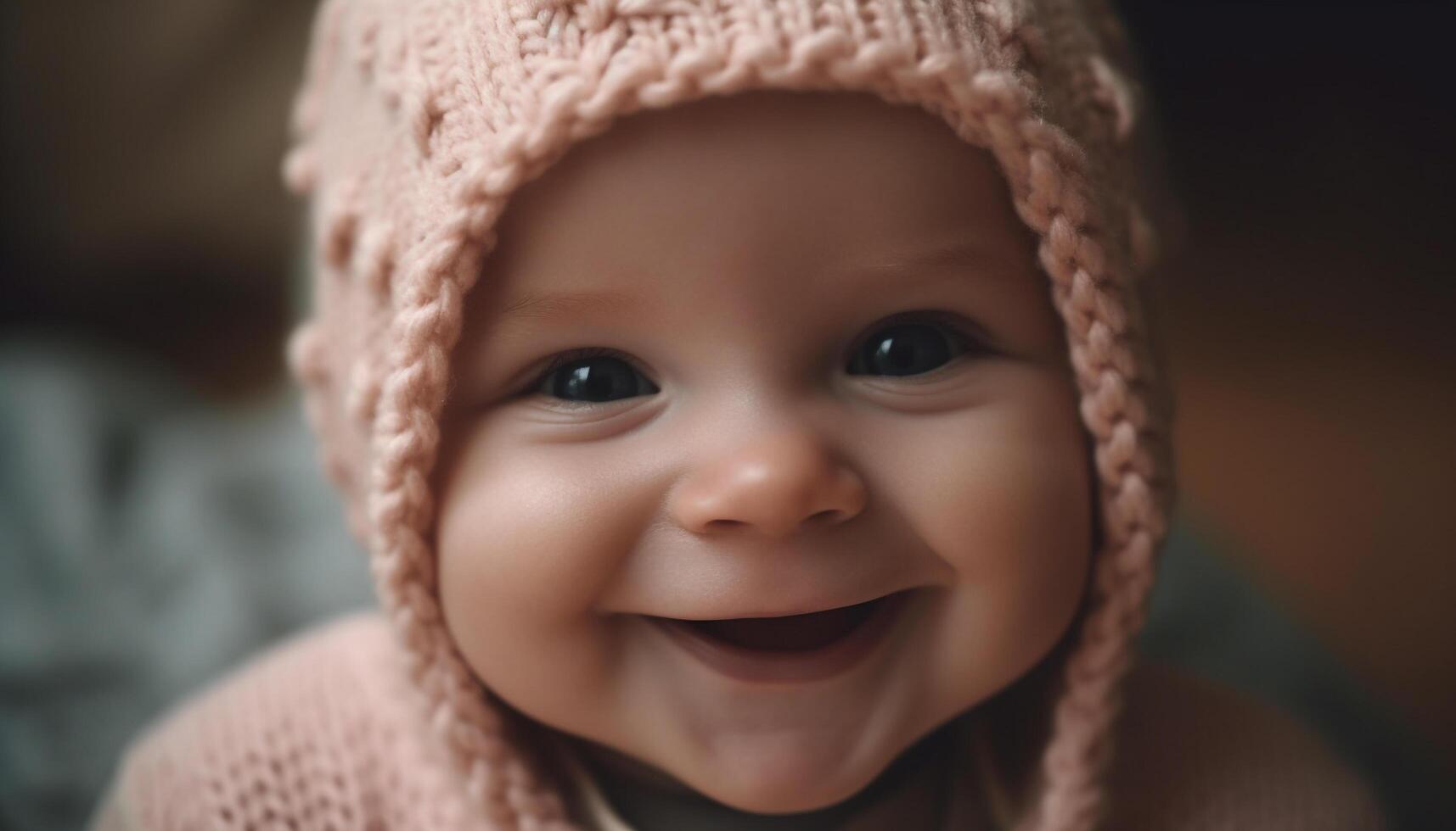 Joyful baby girl laughing outdoors in warm winter clothing generated by AI photo