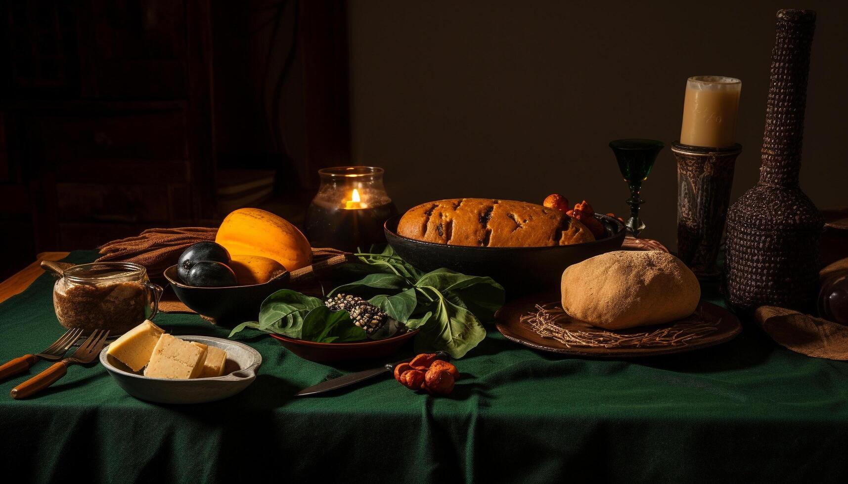 A rustic still life of autumn celebration pumpkin, candle, meal generated by AI photo