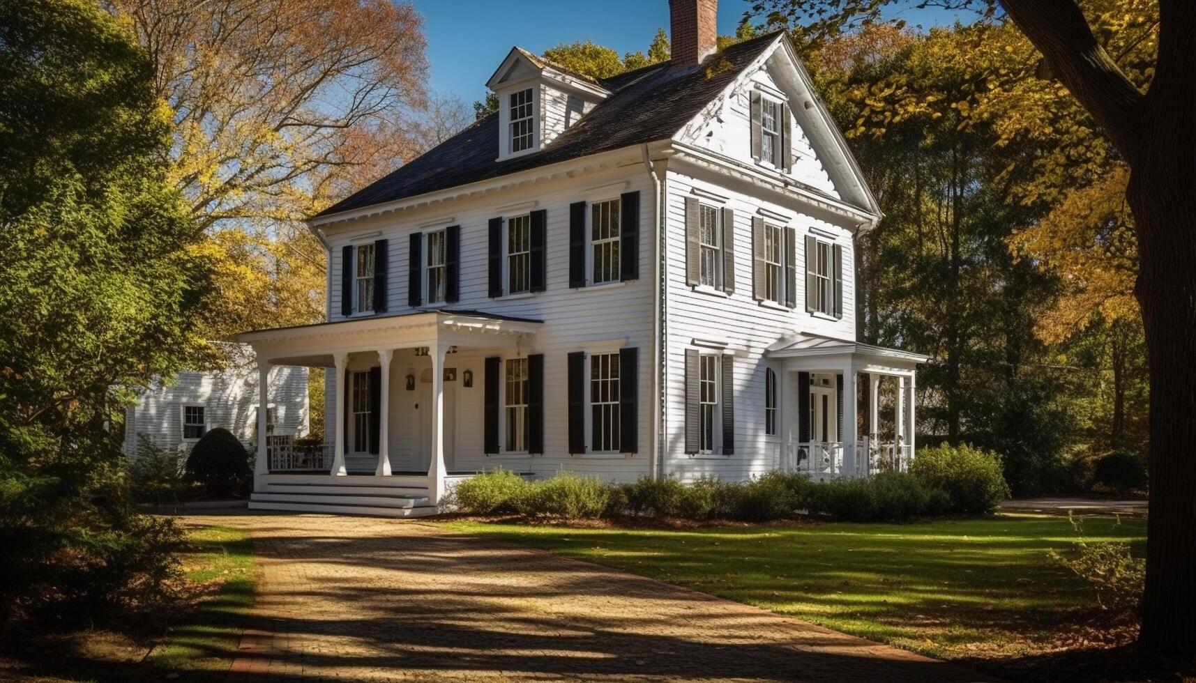 Old fashioned cottage with blue facade nestled in autumn forest landscape generated by AI photo