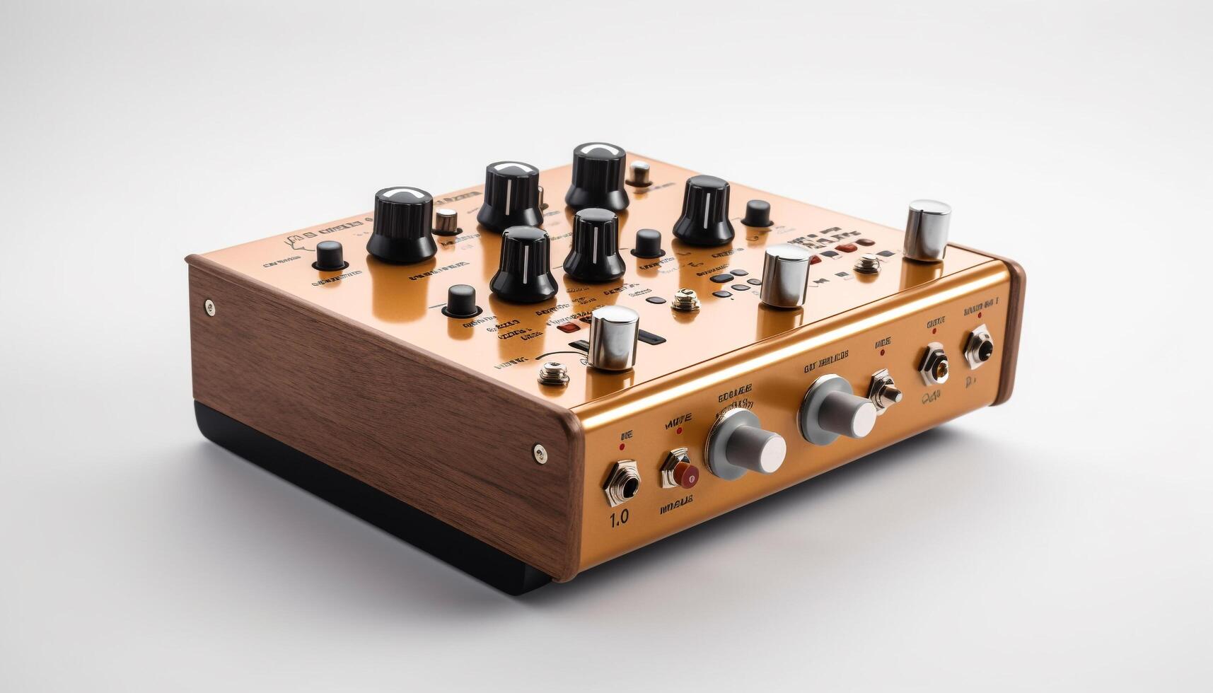 Metallic knob controls amplifier on wooden stereo equipment in studio shot generated by AI photo