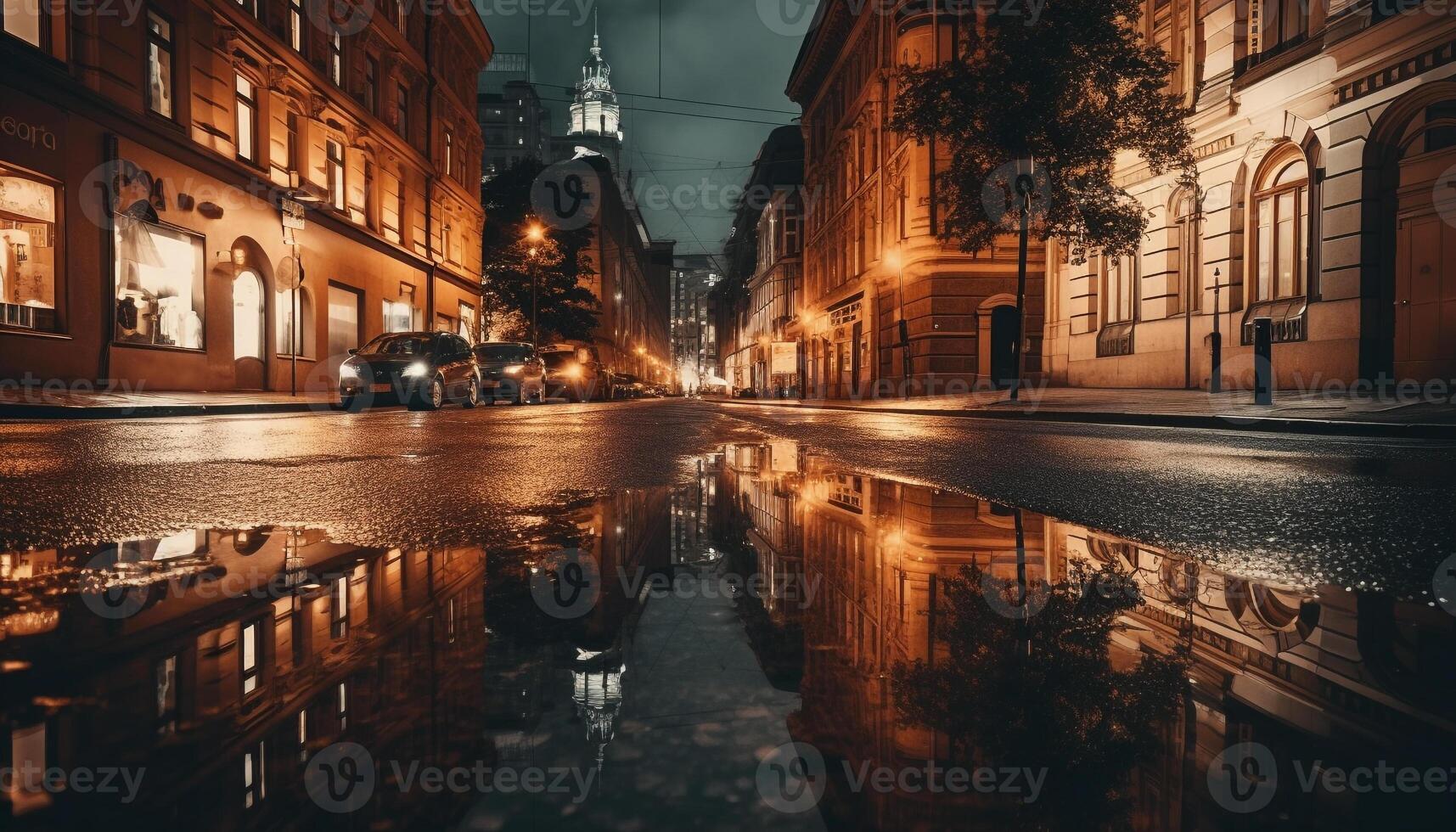 The old city architecture illuminated by street lights at dusk generated by AI photo