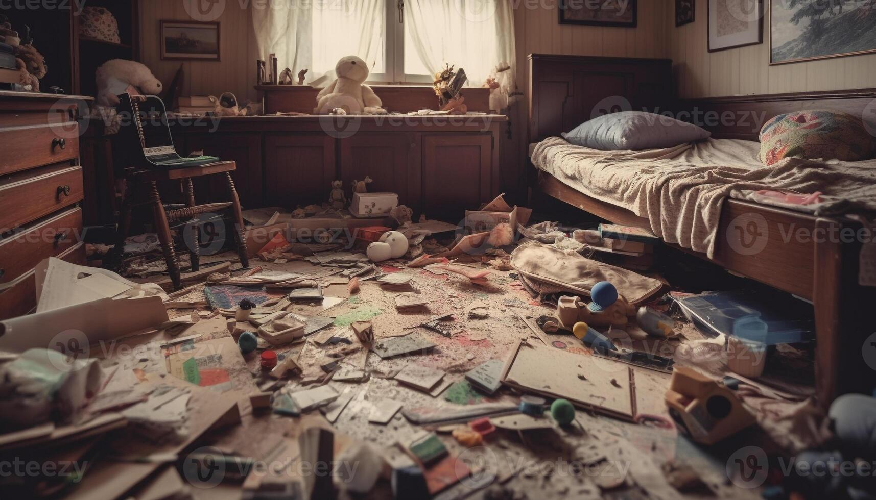 Creative chaos in a messy bedroom childhood crafting workshop fun generated by AI photo