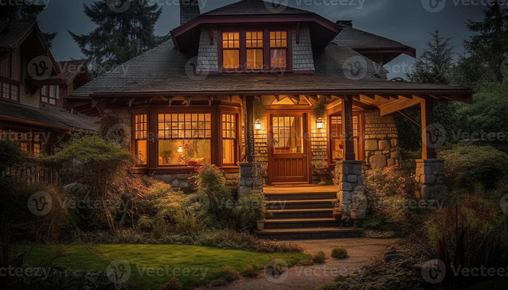 Illuminated cottage in the dark, surrounded by nature rustic charm generated by AI photo