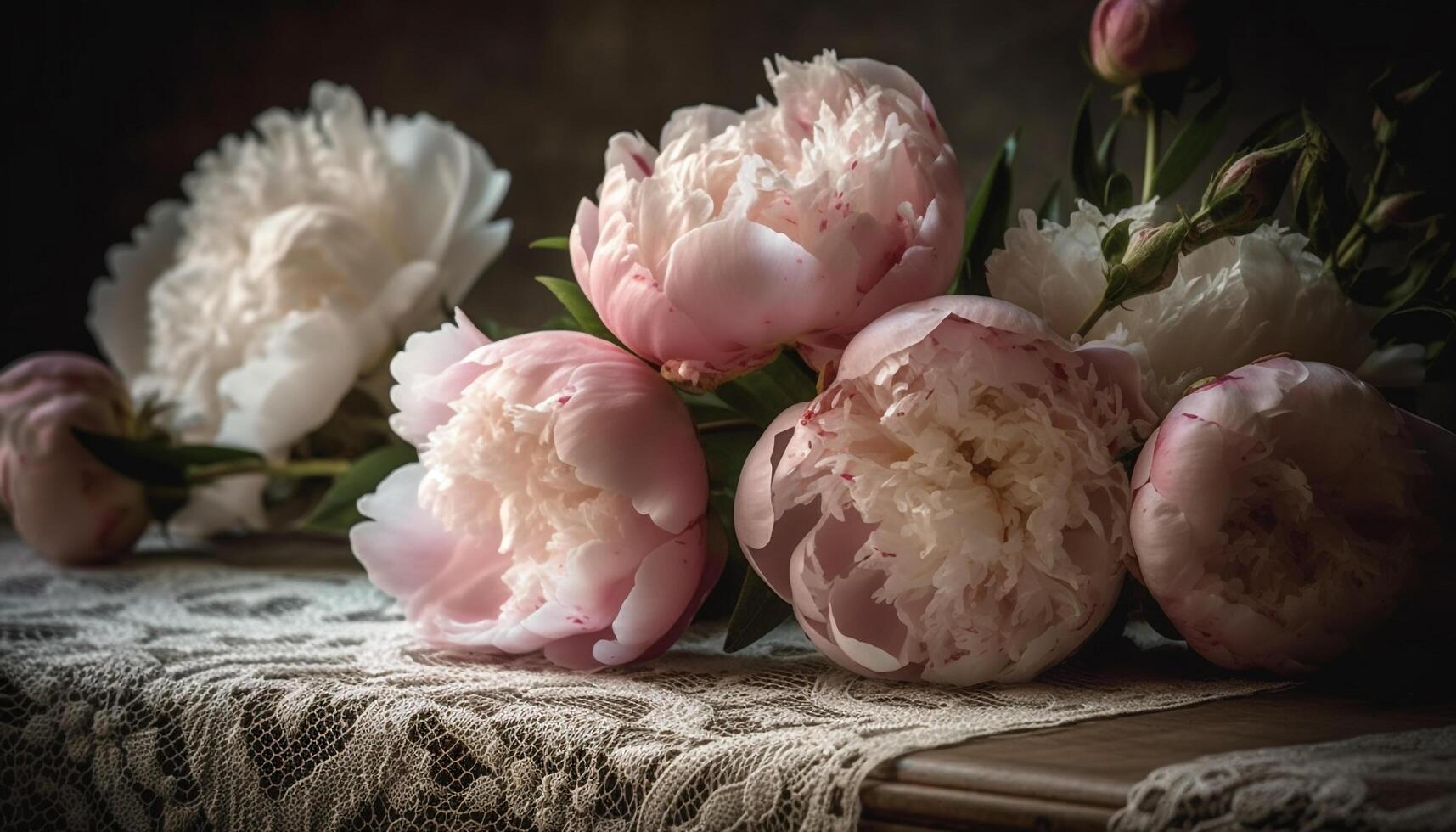 A rustic vase holds a multi colored bouquet of fresh peonies generated by AI photo