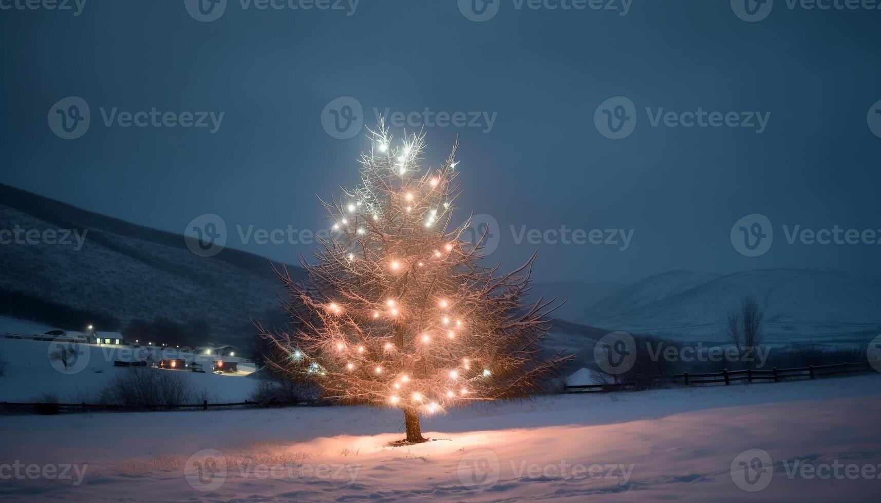 tranquilo invierno bosque iluminado por brillante Navidad decoraciones y estrellas generado por ai foto