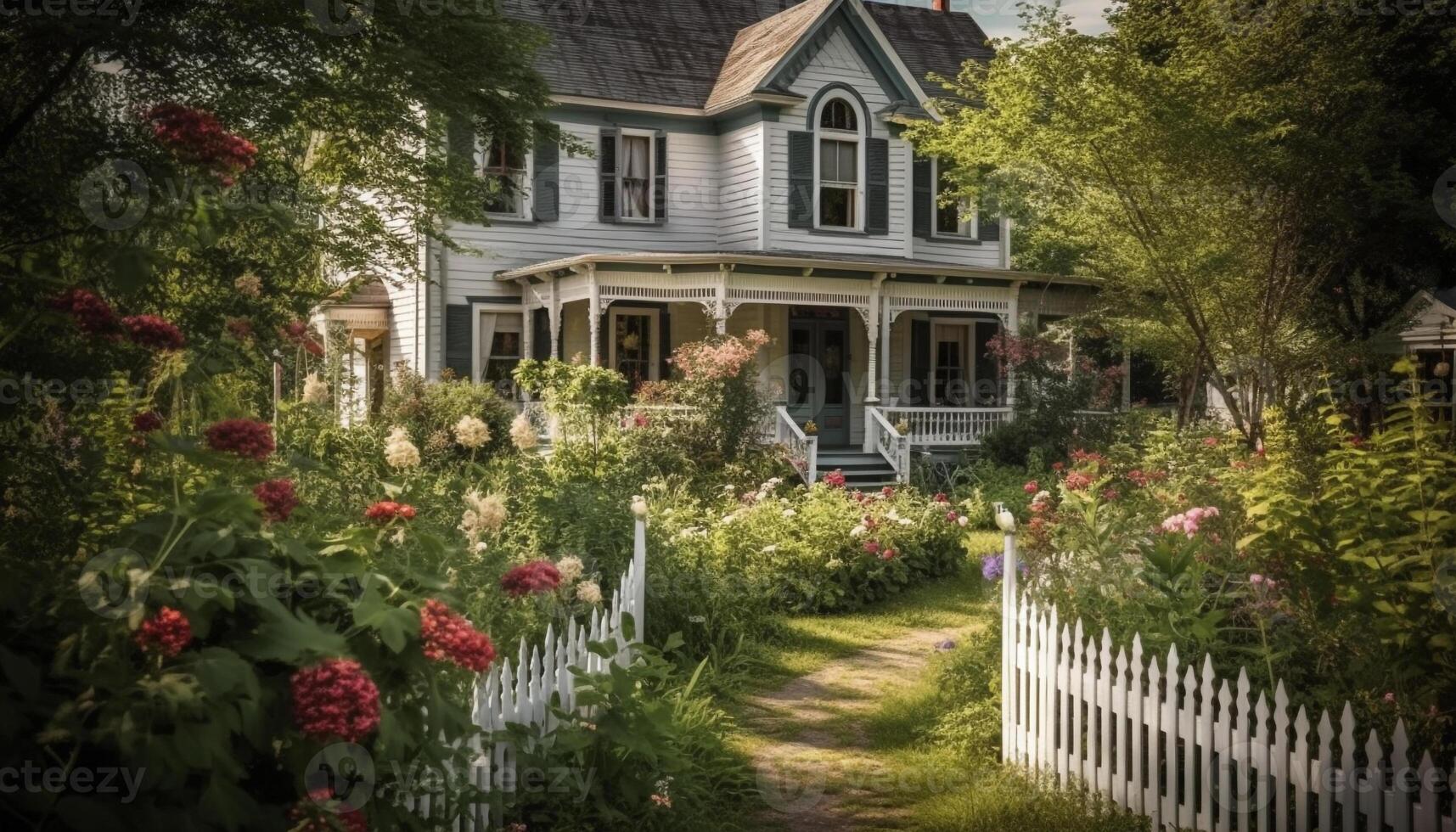 The rustic cottage with a blue roof sits in nature generated by AI photo