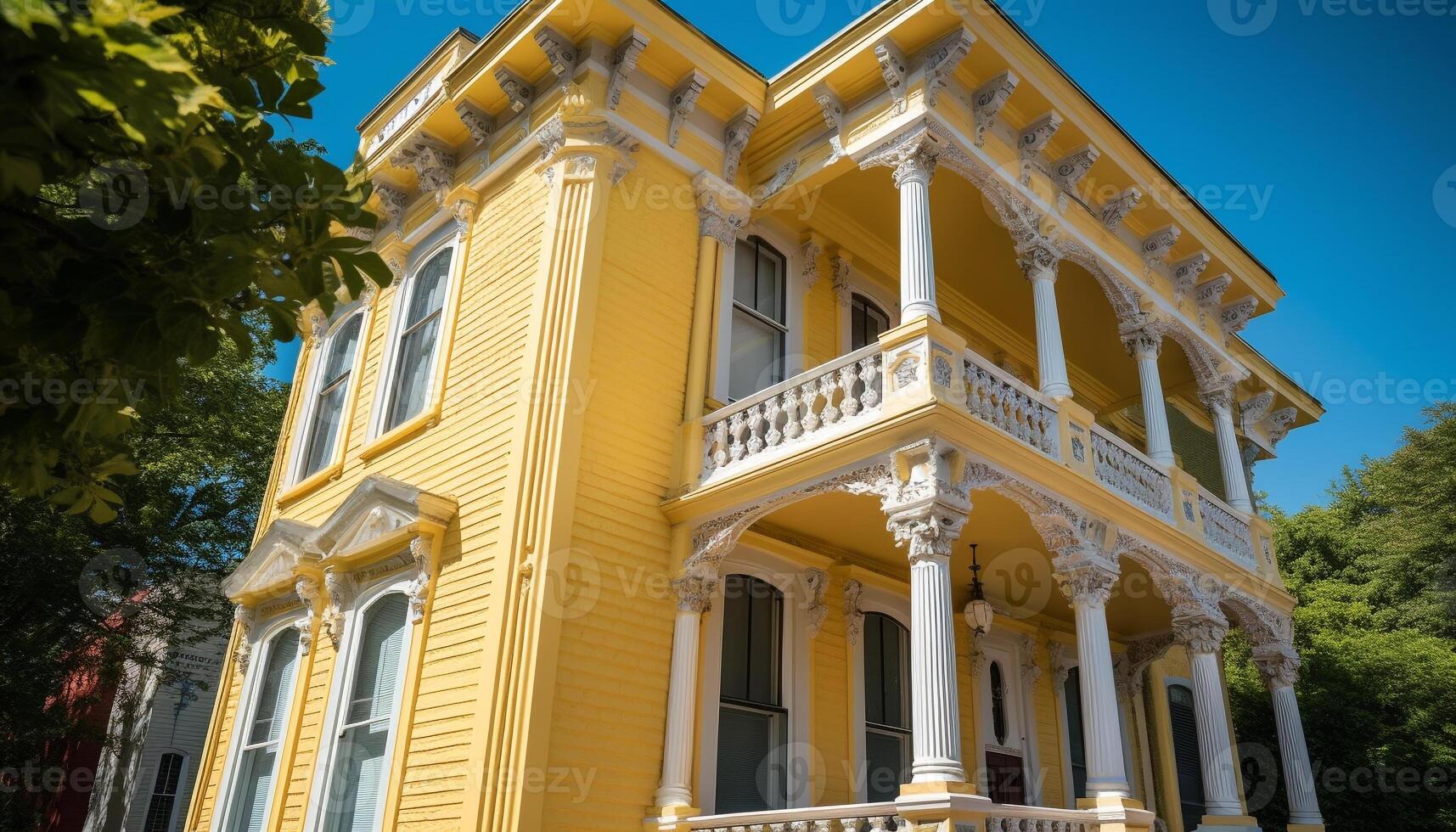 The old fashioned colonial building with yellow facade exudes elegance generated by AI photo