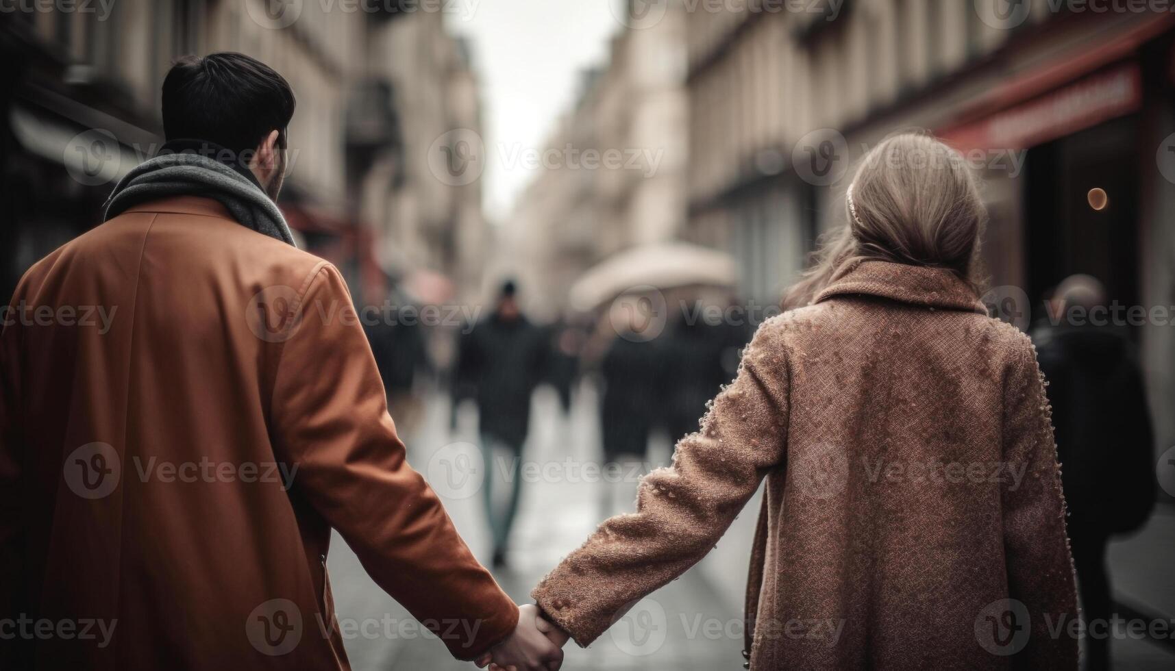 Two young adults in love, walking outdoors in the city generated by AI photo