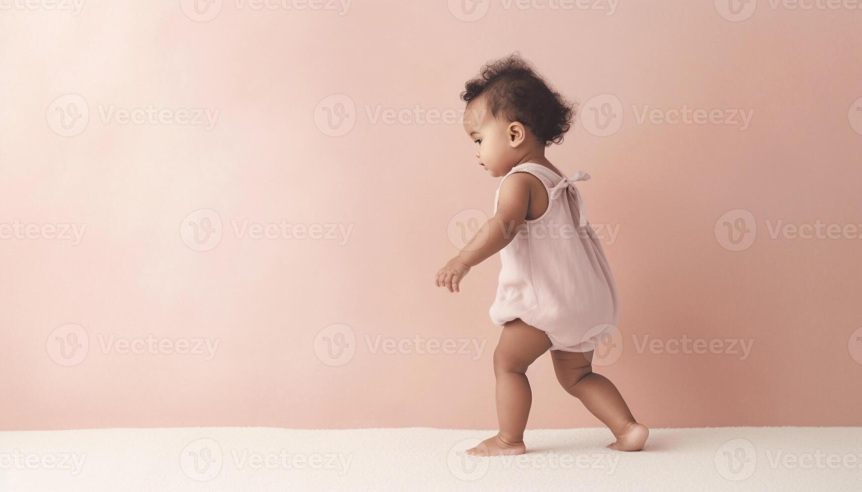 Cute baby girl playing with toy, smiling and barefoot indoors generated by AI photo