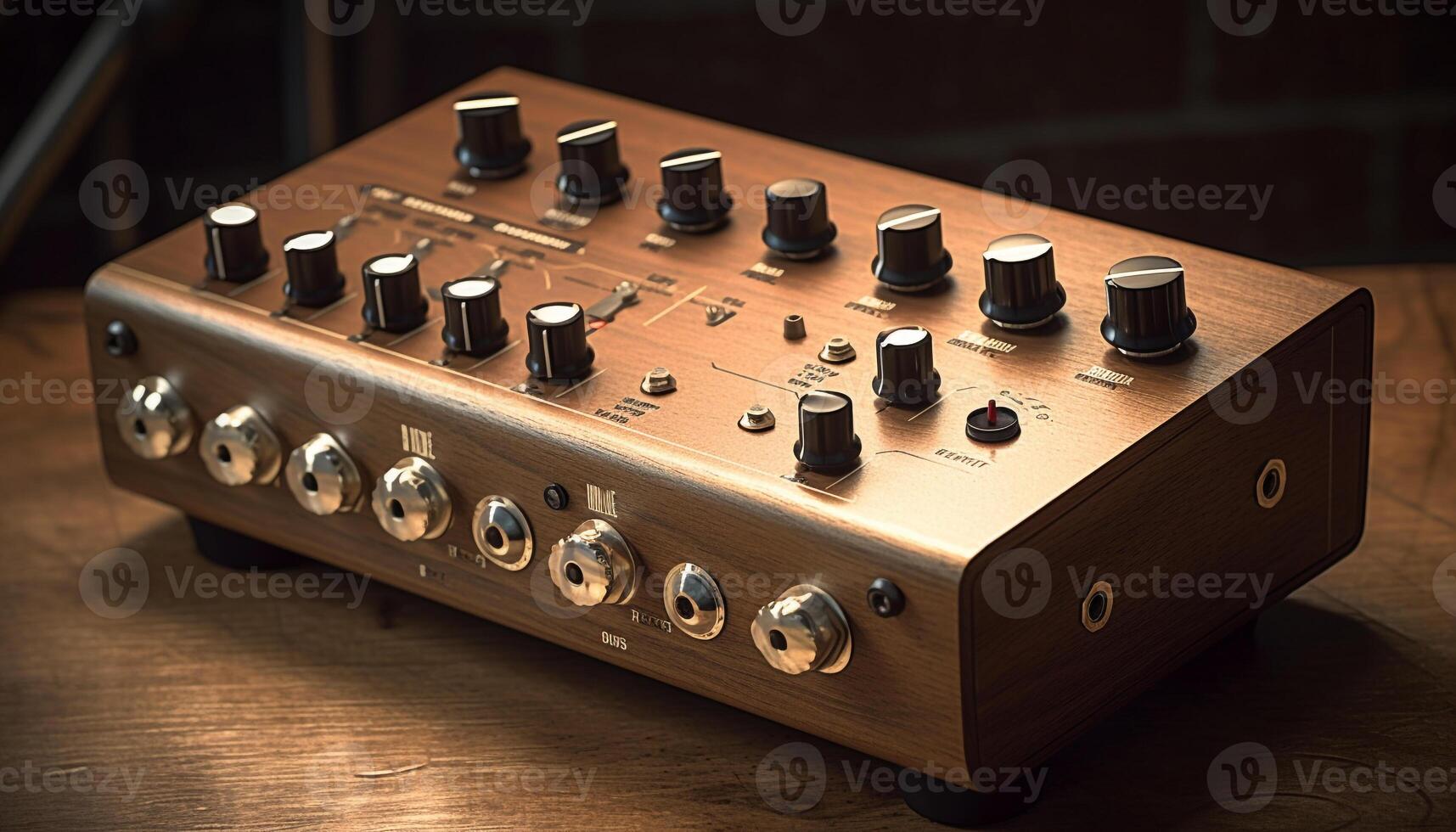 Vintage turntable knob controls amplifier in recording studio control panel generated by AI photo