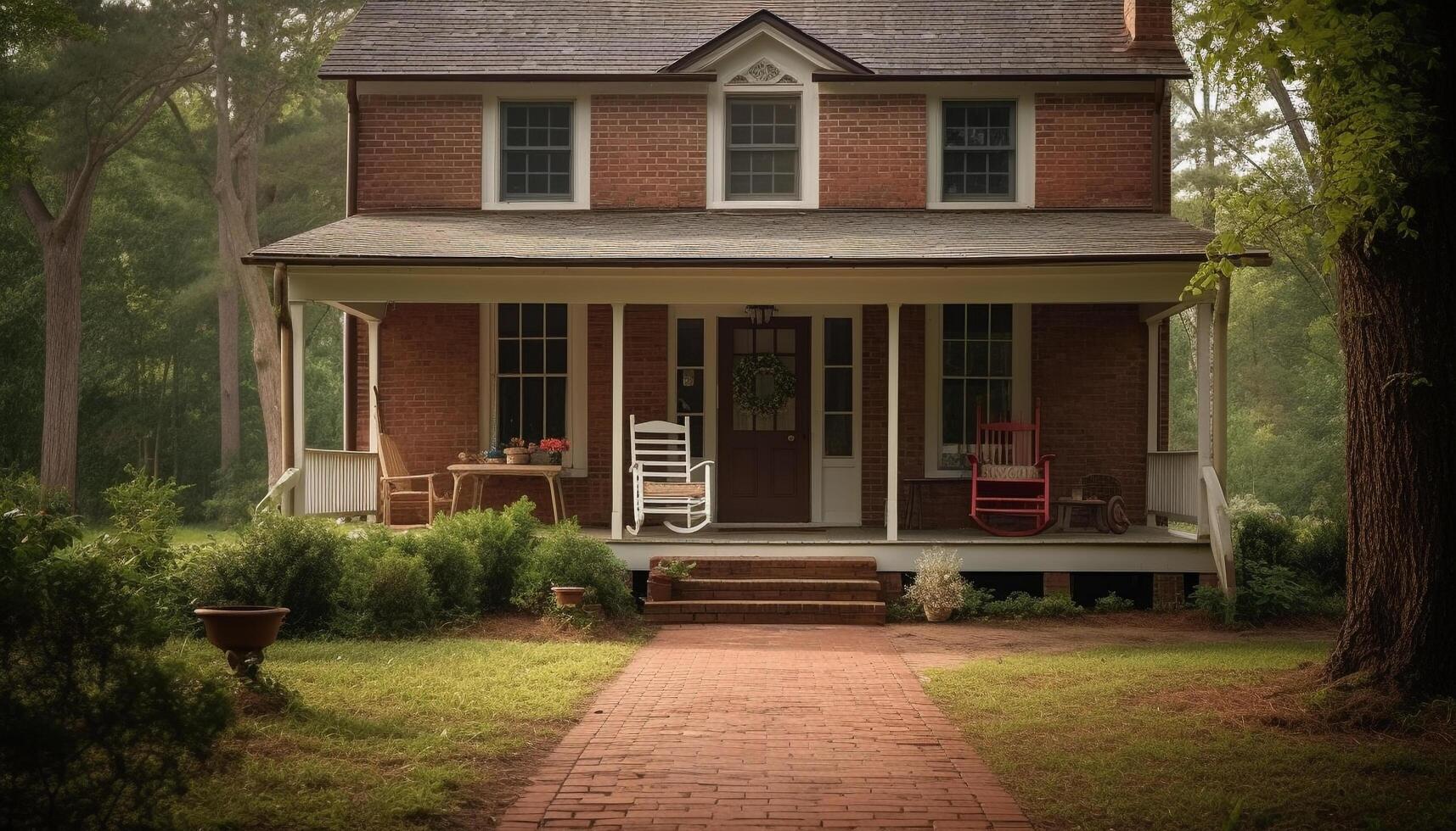 A modern cottage with a comfortable bench in a tranquil scene generated by AI photo