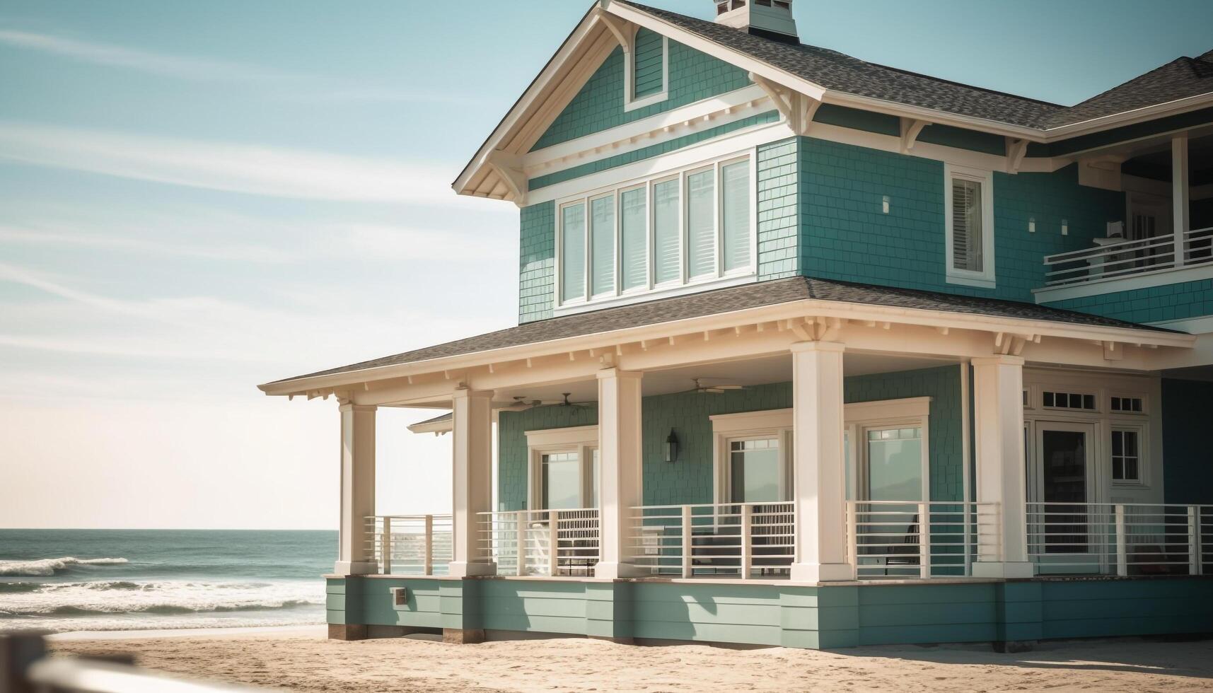 A modern bungalow with a wooden porch overlooking the coastline generated by AI photo