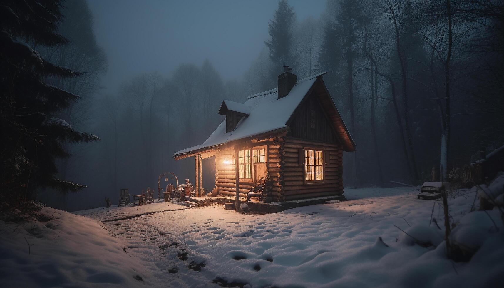 escalofriante invierno noche en el bosque, linterna ilumina abandonado choza generado por ai foto