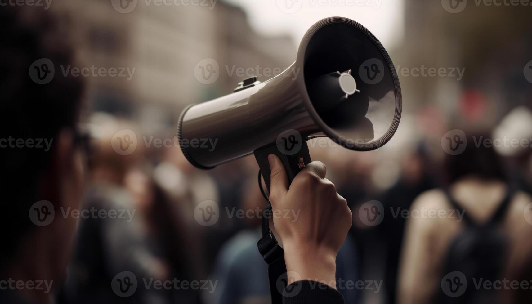 The musician holding a trumpet shouts to the large crowd generated by AI photo