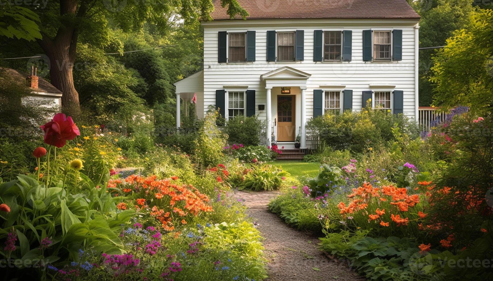 The old cottage in the meadow boasts a colorful garden generated by AI photo