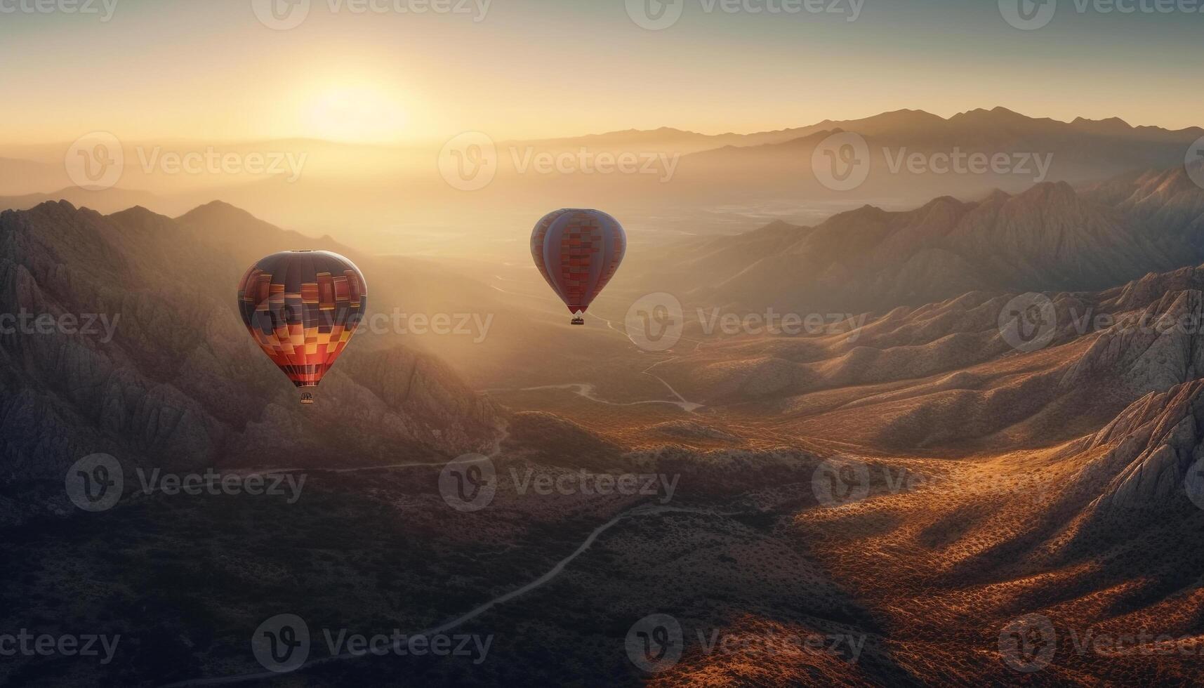 Flying high in hot air balloon, adventure in mountain landscape generated by AI photo