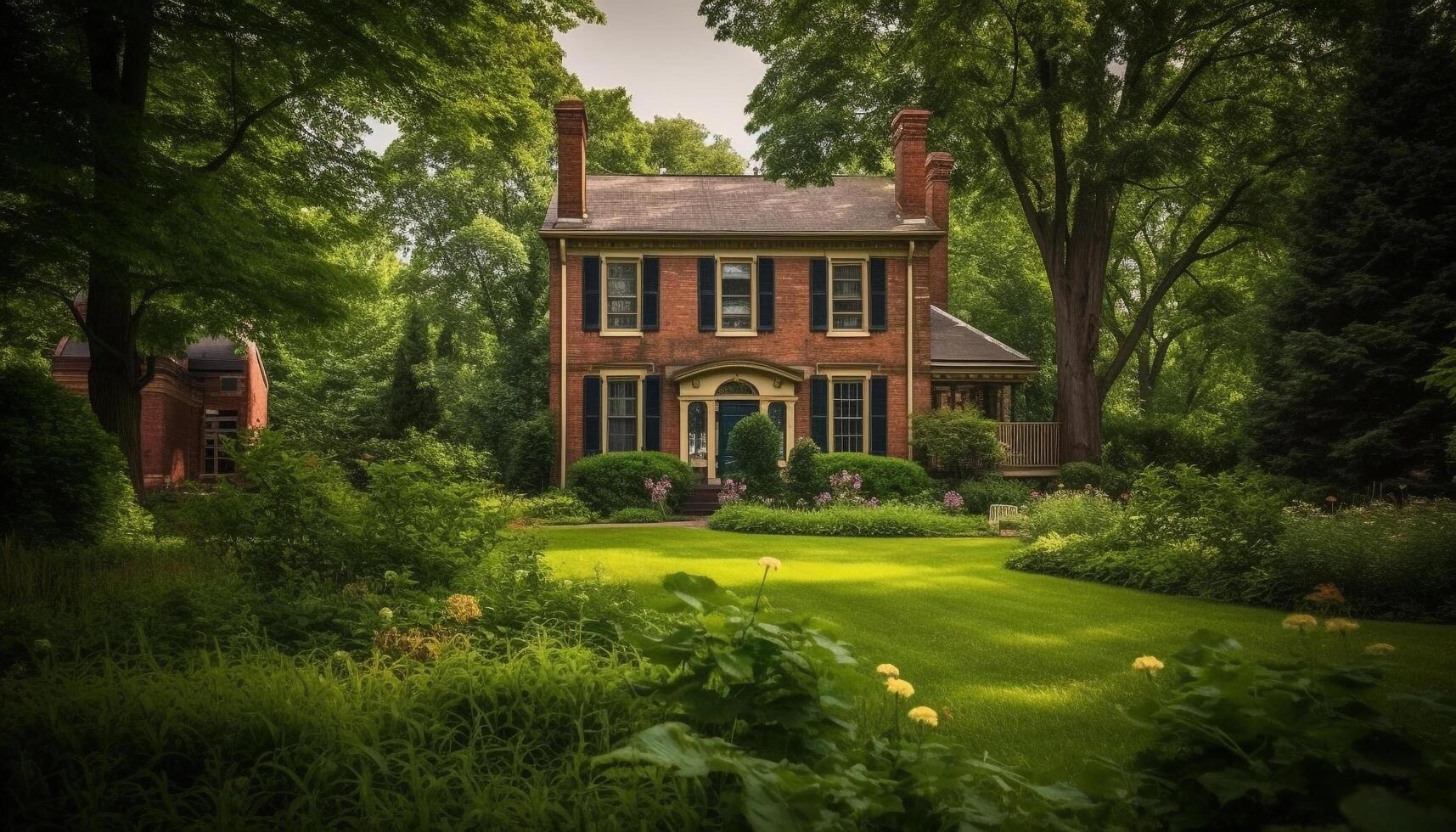 The tranquil scene of the rustic cottage in the meadow generated by AI photo