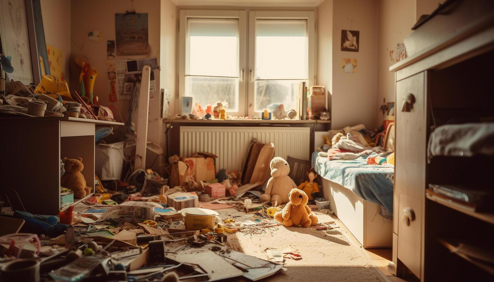 A messy bedroom with homemade crafts and a cute toy generated by AI photo